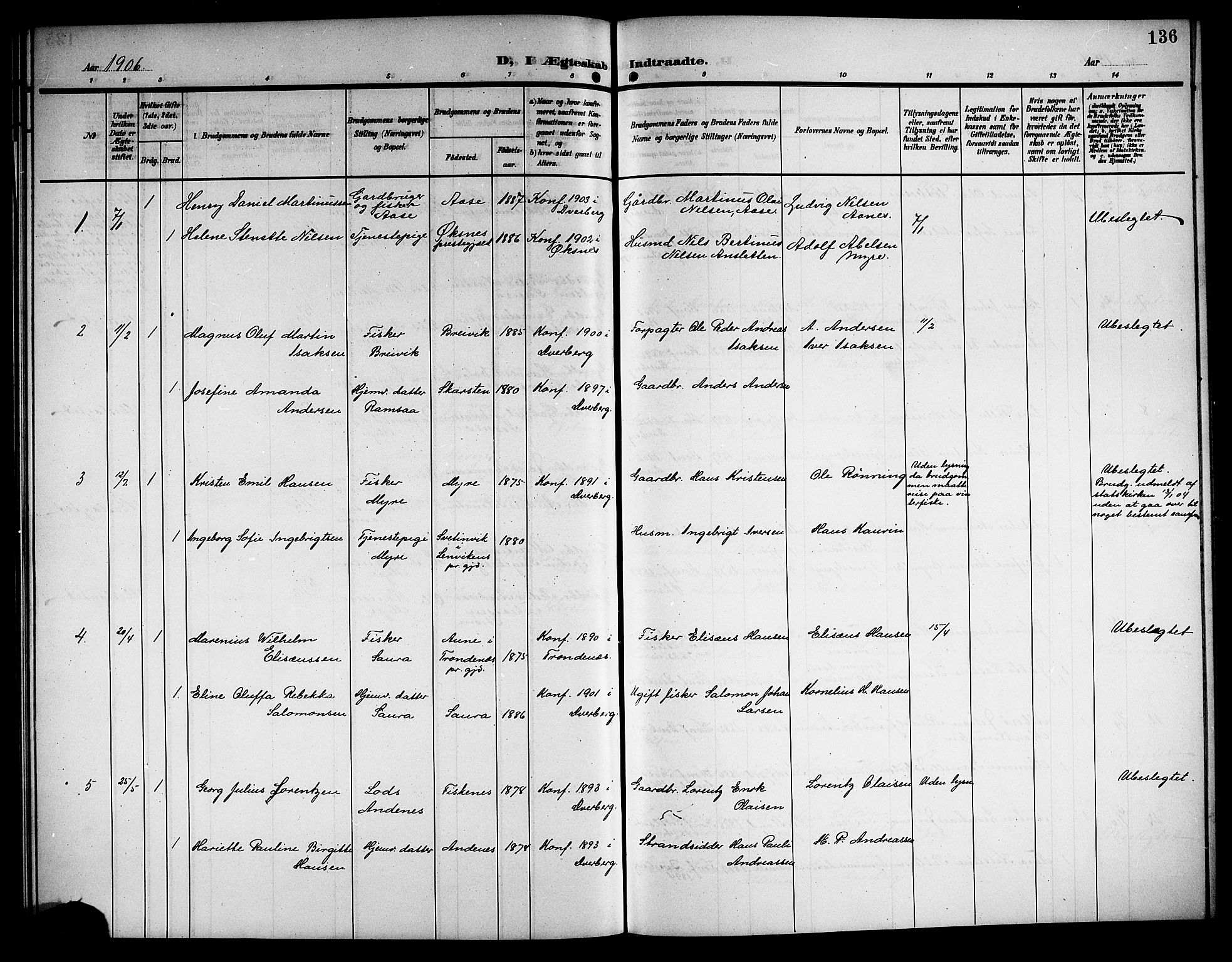 Ministerialprotokoller, klokkerbøker og fødselsregistre - Nordland, SAT/A-1459/897/L1414: Parish register (copy) no. 897C04, 1904-1915, p. 136