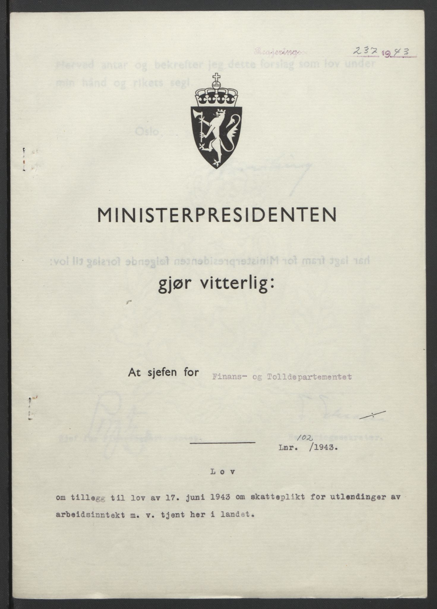 NS-administrasjonen 1940-1945 (Statsrådsekretariatet, de kommisariske statsråder mm), RA/S-4279/D/Db/L0099: Lover, 1943, p. 474