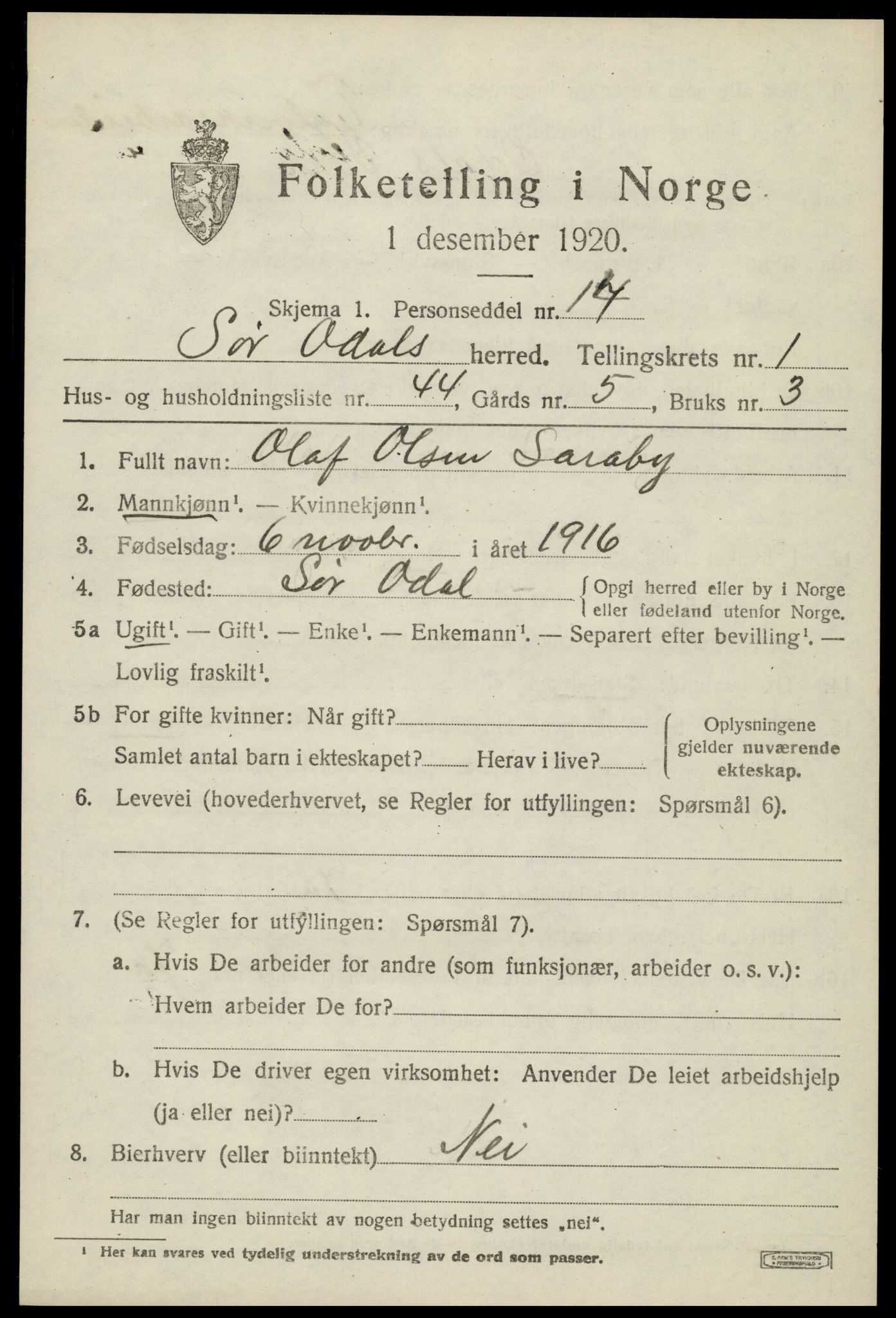 SAH, 1920 census for Sør-Odal, 1920, p. 2985