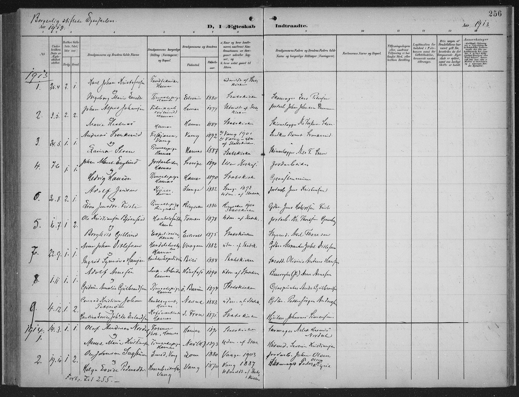 Hamar prestekontor, AV/SAH-DOMPH-002/H/Ha/Haa/L0001: Parish register (official) no. 1, 1900-1914, p. 256