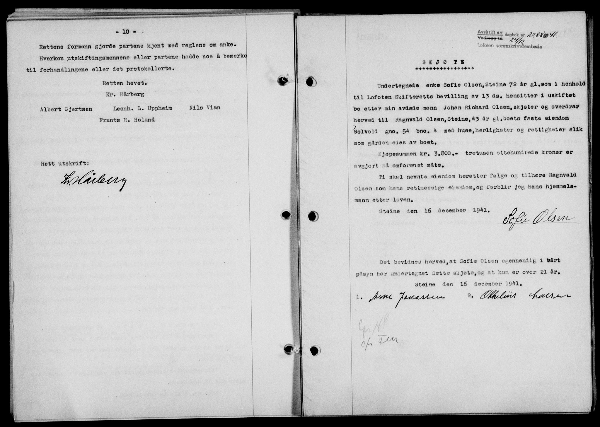Lofoten sorenskriveri, SAT/A-0017/1/2/2C/L0009a: Mortgage book no. 9a, 1941-1942, Diary no: : 2288/1941