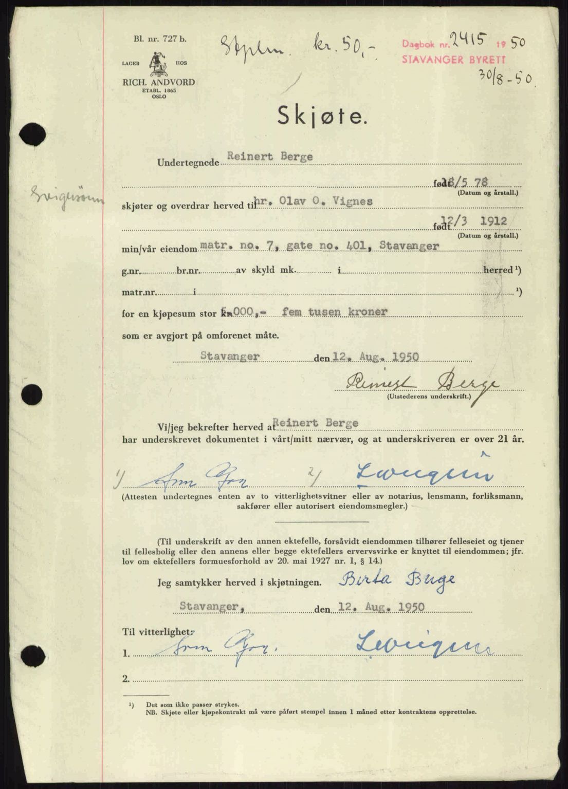 Stavanger byrett, SAST/A-100455/002/G/Gb/L0024: Mortgage book no. A13, 1949-1950, Diary no: : 2415/1950