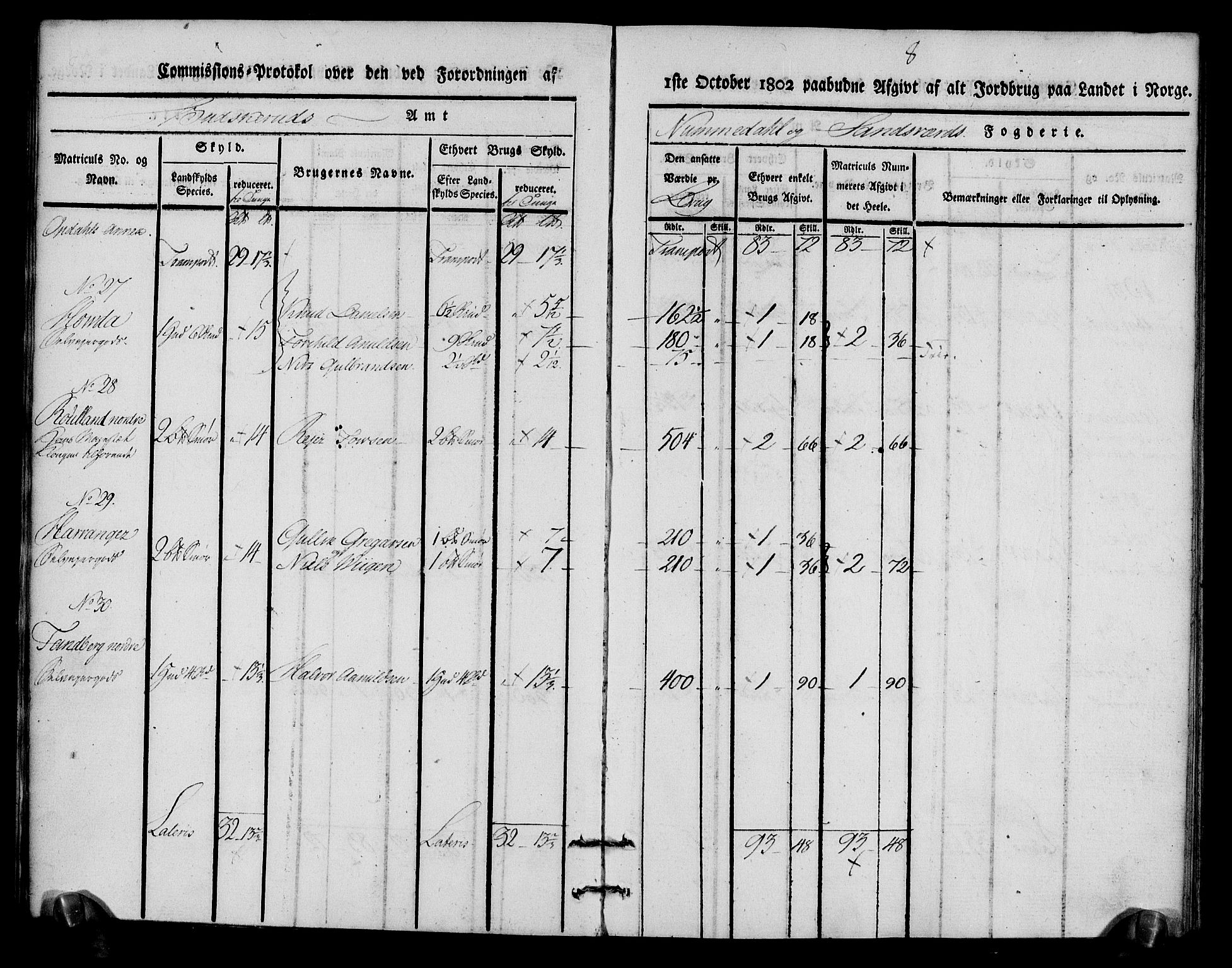 Rentekammeret inntil 1814, Realistisk ordnet avdeling, AV/RA-EA-4070/N/Ne/Nea/L0056b: Numedal og Sandsvær fogderi. Kommisjonsprotokoll over matrikulerte jordbruk i Uvdal og Nore annekser, 1803, p. 8