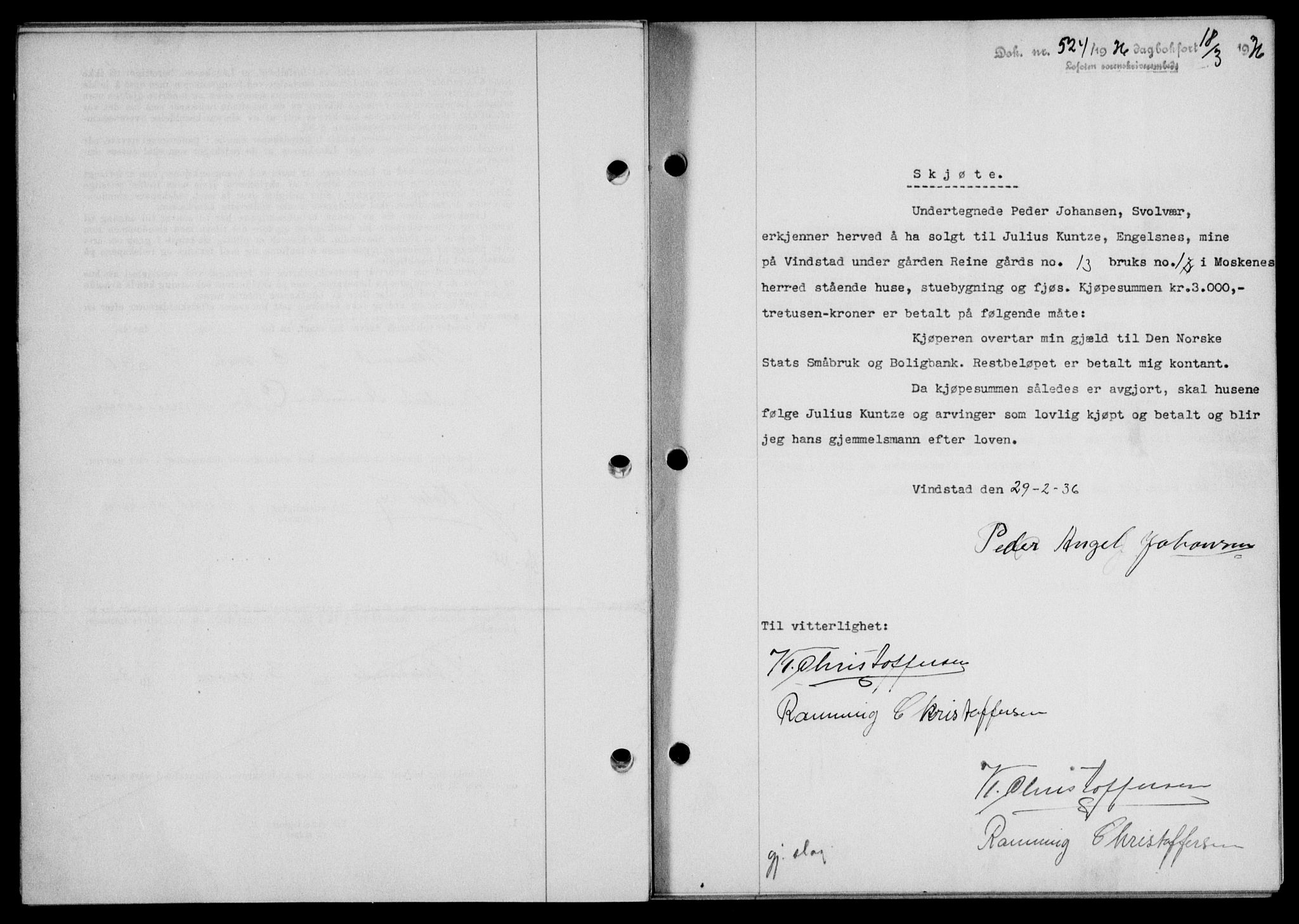 Lofoten sorenskriveri, SAT/A-0017/1/2/2C/L0033b: Mortgage book no. 33b, 1936-1936, Diary no: : 524/1936