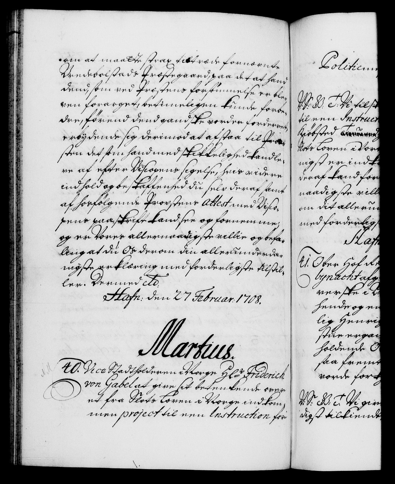 Danske Kanselli 1572-1799, AV/RA-EA-3023/F/Fc/Fca/Fcab/L0018: Norske tegnelser, 1707-1709, p. 272b