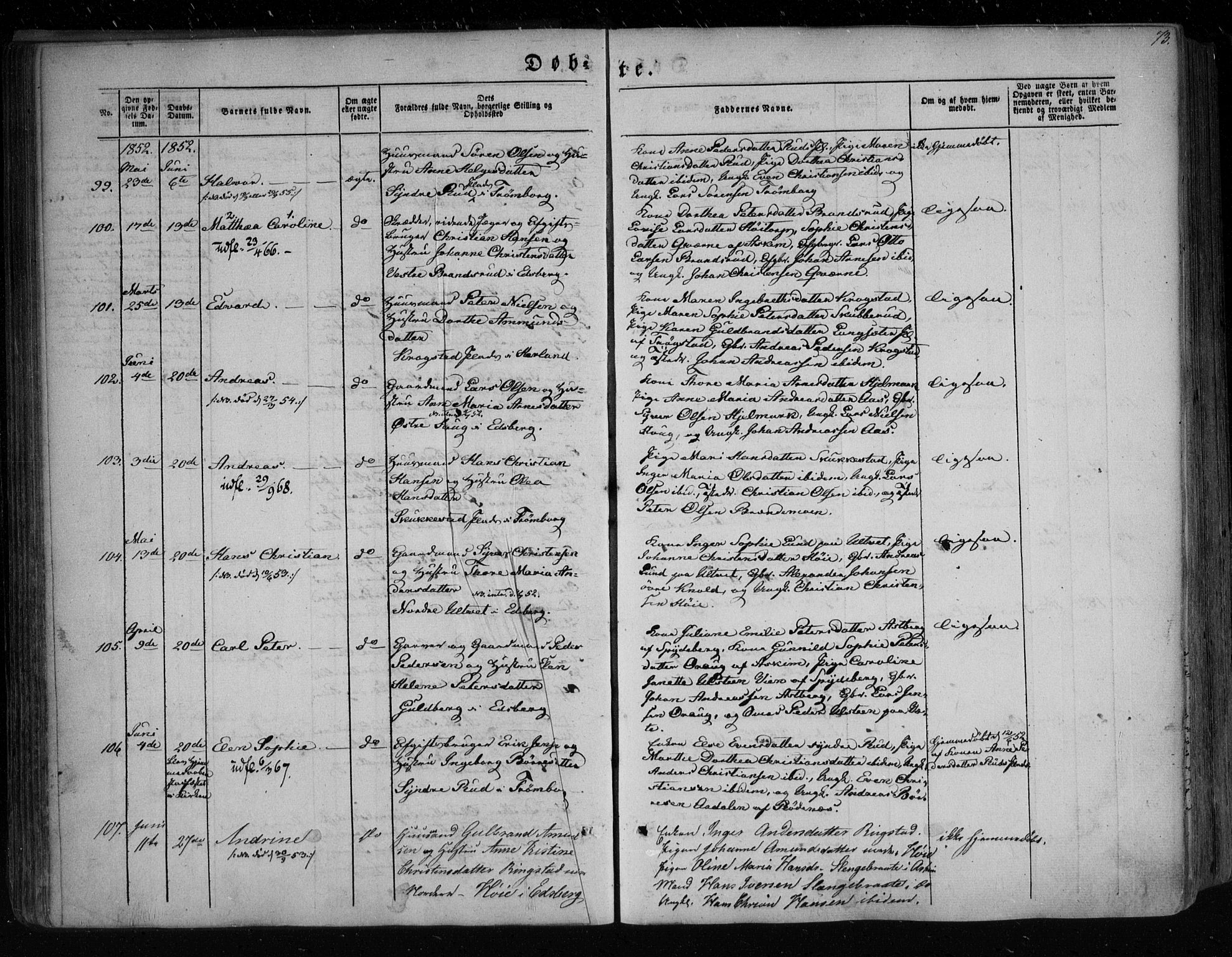 Eidsberg prestekontor Kirkebøker, AV/SAO-A-10905/F/Fa/L0009: Parish register (official) no. I 9, 1849-1856, p. 73