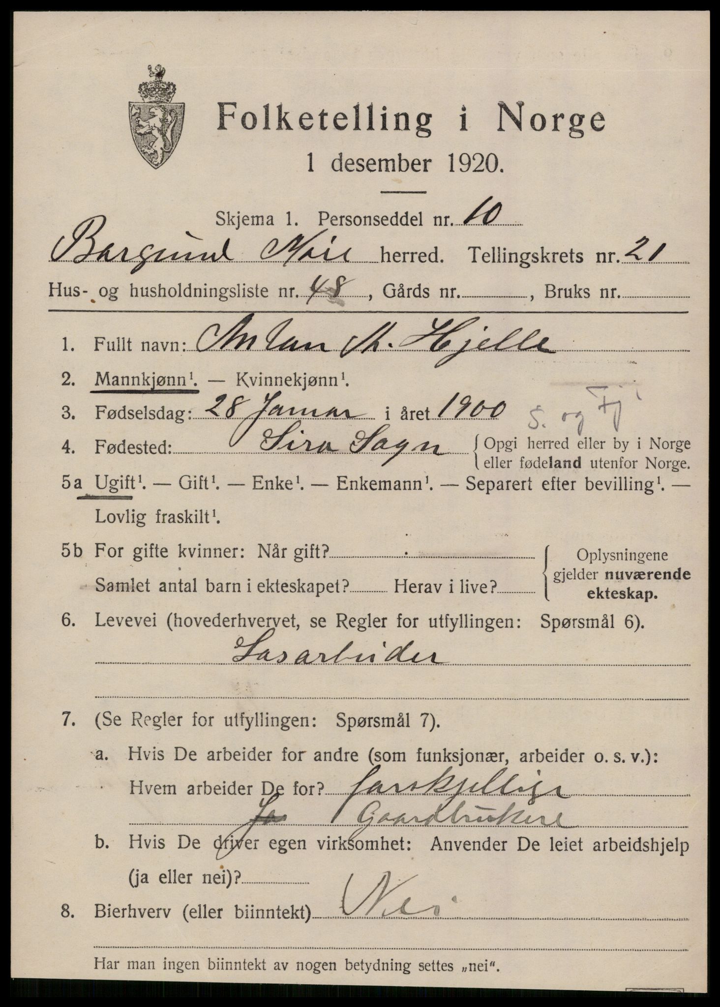 SAT, 1920 census for Borgund, 1920, p. 15052