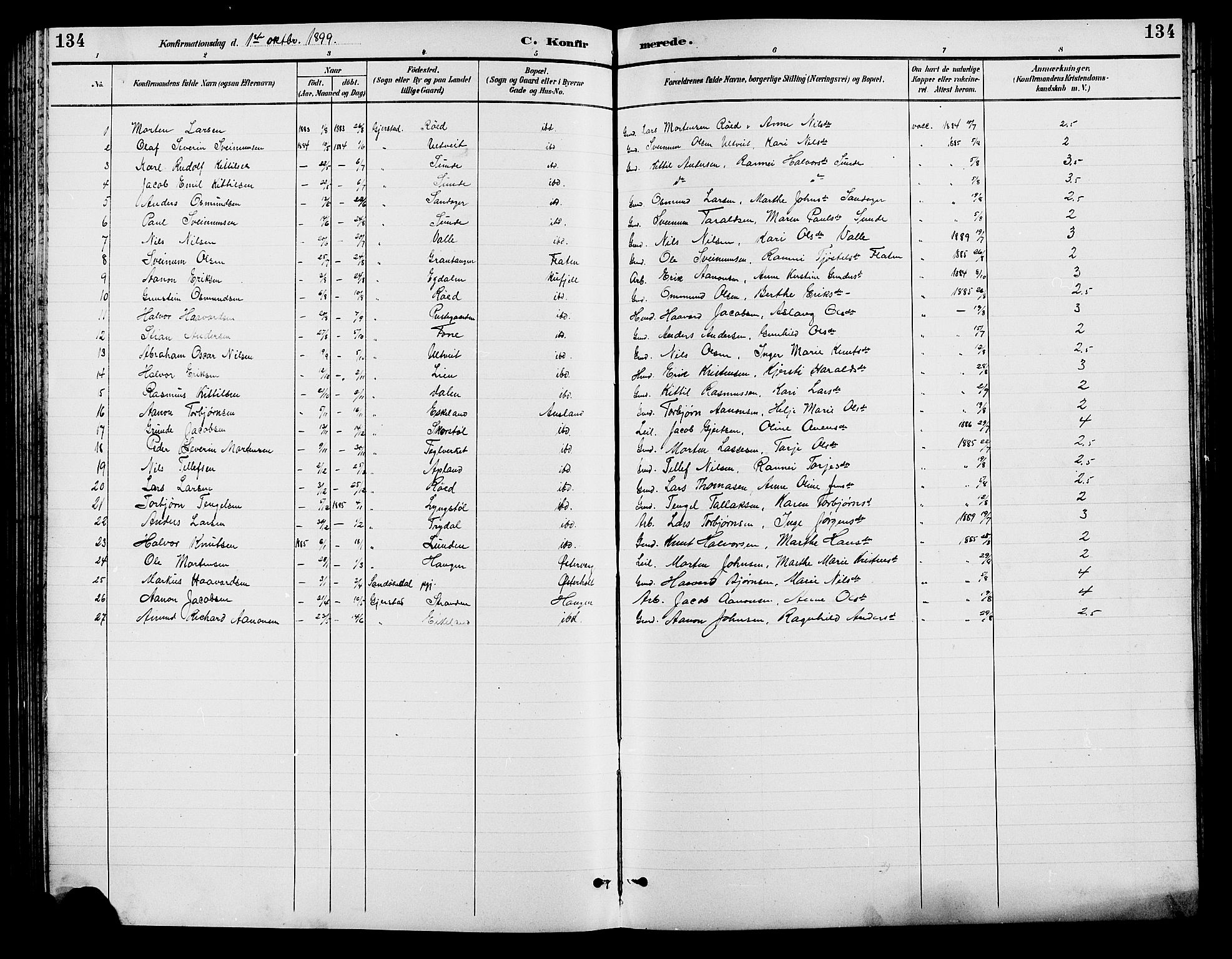 Gjerstad sokneprestkontor, SAK/1111-0014/F/Fb/Fba/L0007: Parish register (copy) no. B 7, 1891-1908, p. 134