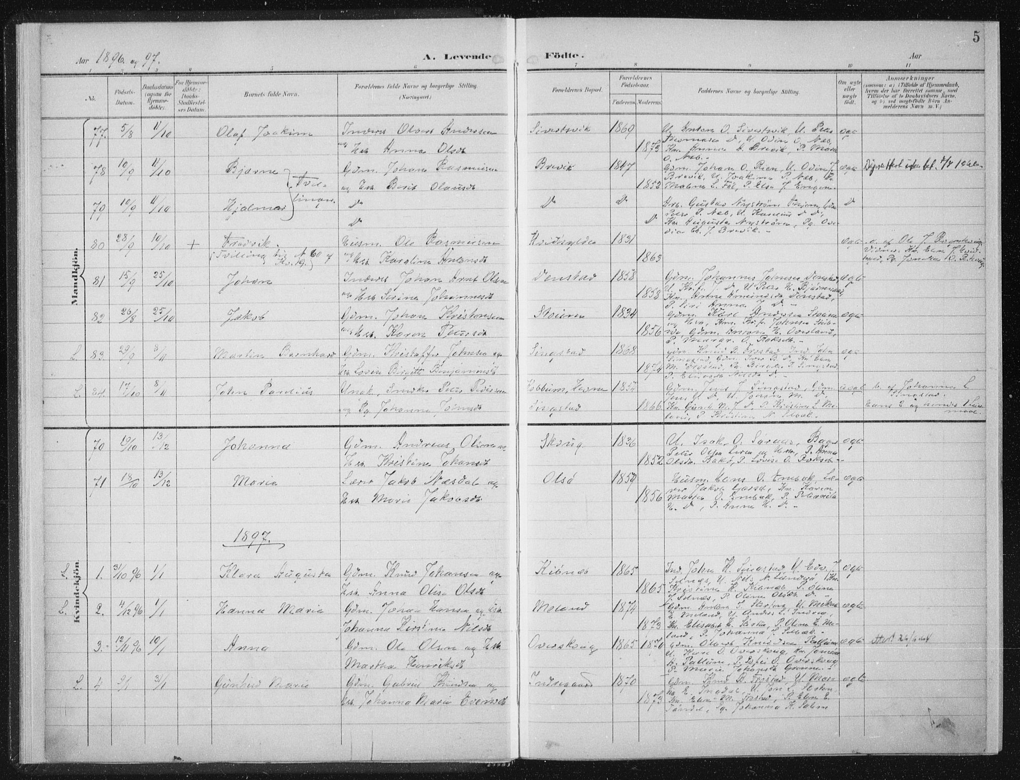 Ministerialprotokoller, klokkerbøker og fødselsregistre - Sør-Trøndelag, SAT/A-1456/647/L0635: Parish register (official) no. 647A02, 1896-1911, p. 5