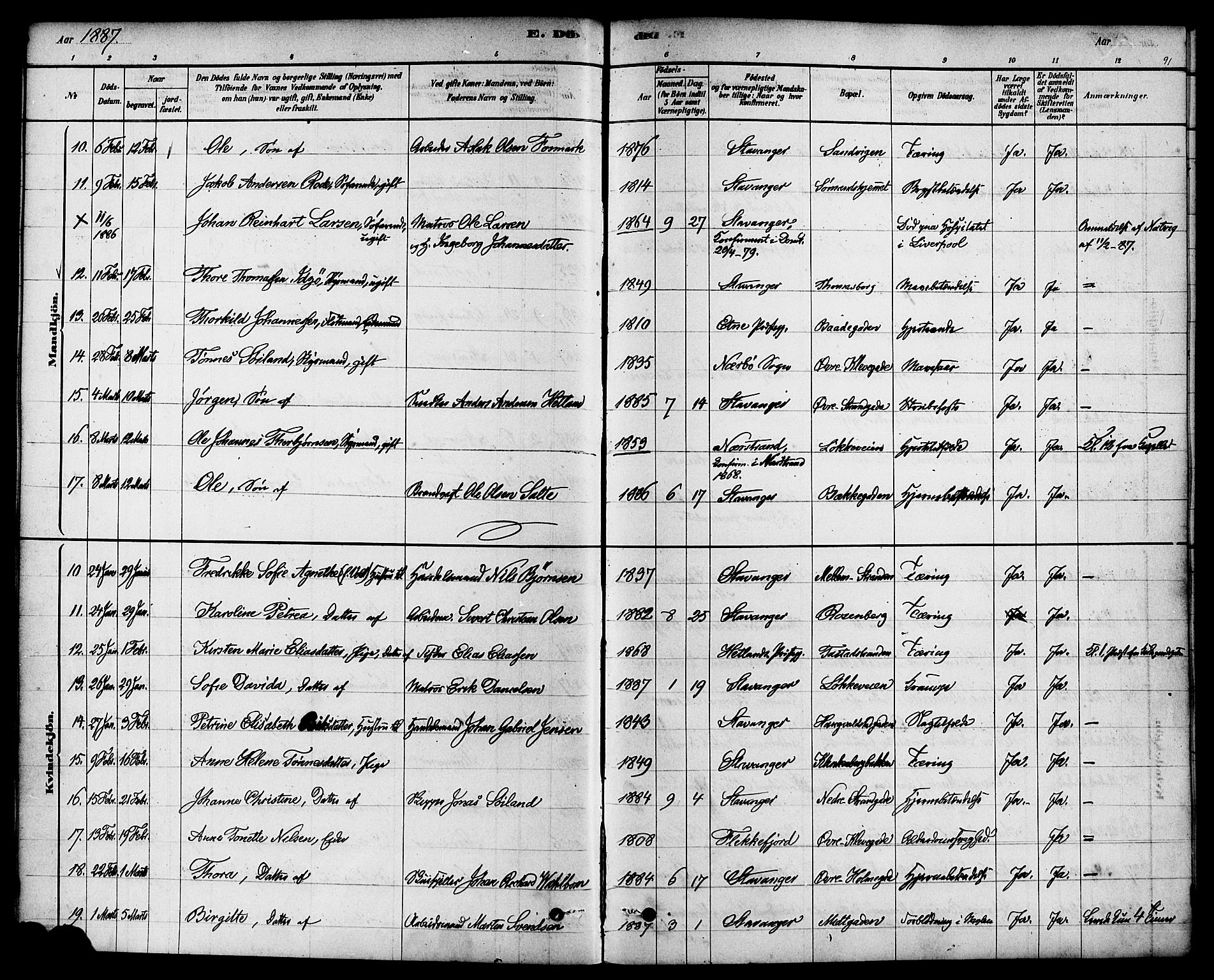 Domkirken sokneprestkontor, AV/SAST-A-101812/001/30/30BA/L0027: Parish register (official) no. A 26, 1878-1896, p. 91