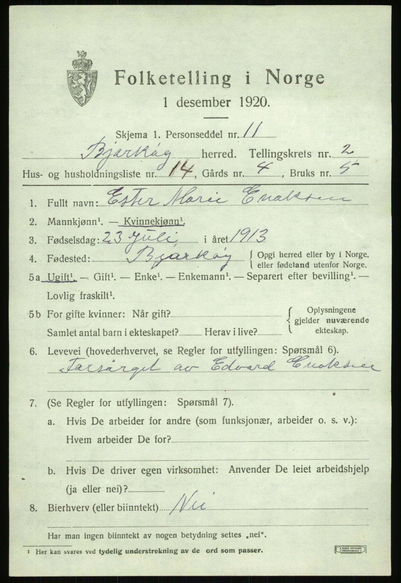 SATØ, 1920 census for Bjarkøy, 1920, p. 1257