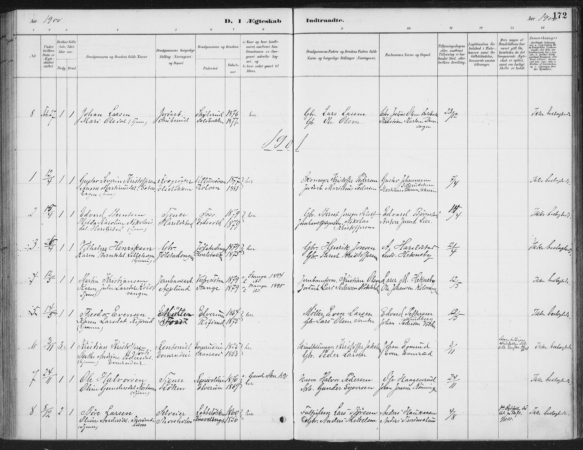 Romedal prestekontor, SAH/PREST-004/K/L0008: Parish register (official) no. 8, 1887-1905, p. 172