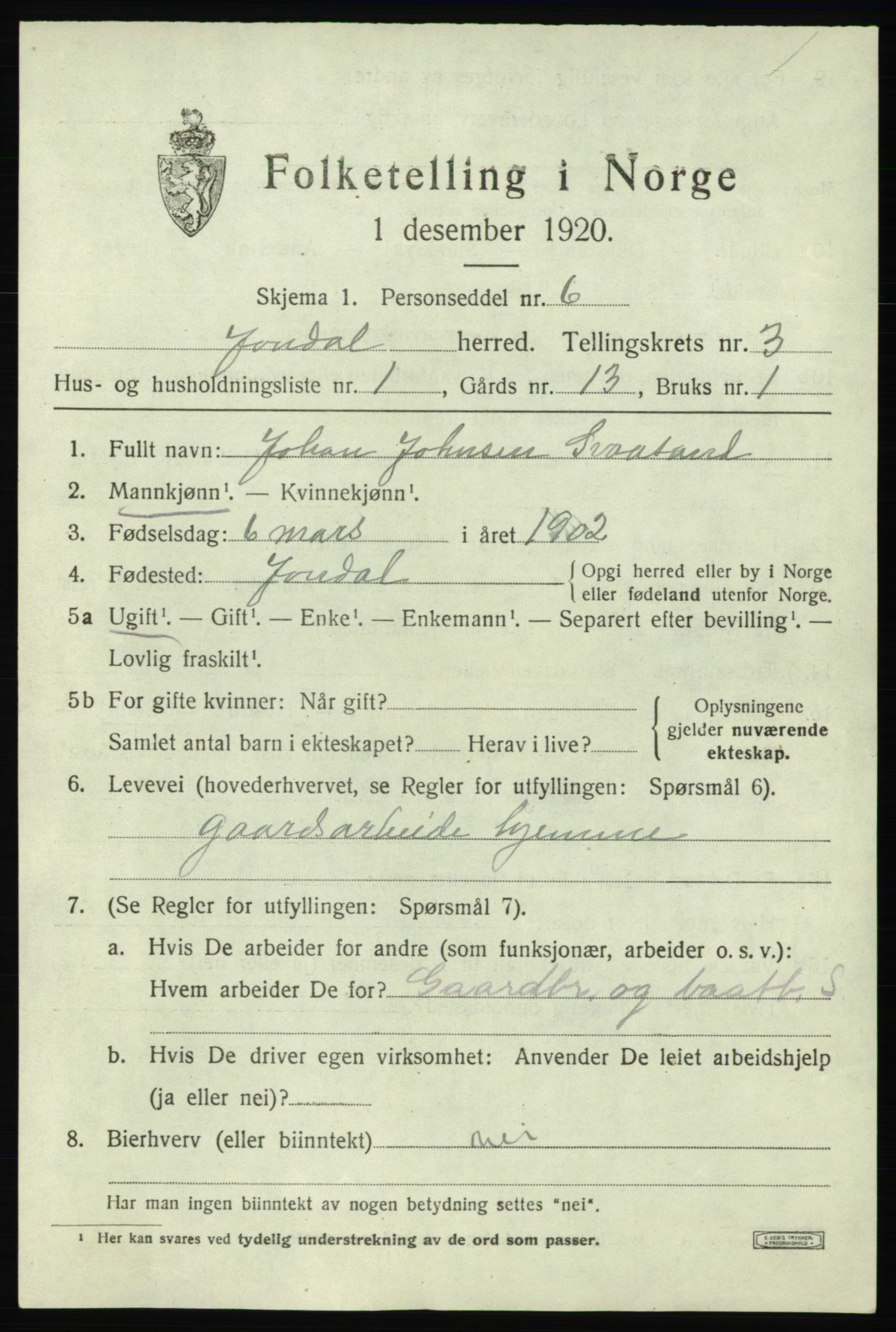 SAB, 1920 census for Jondal, 1920, p. 1756