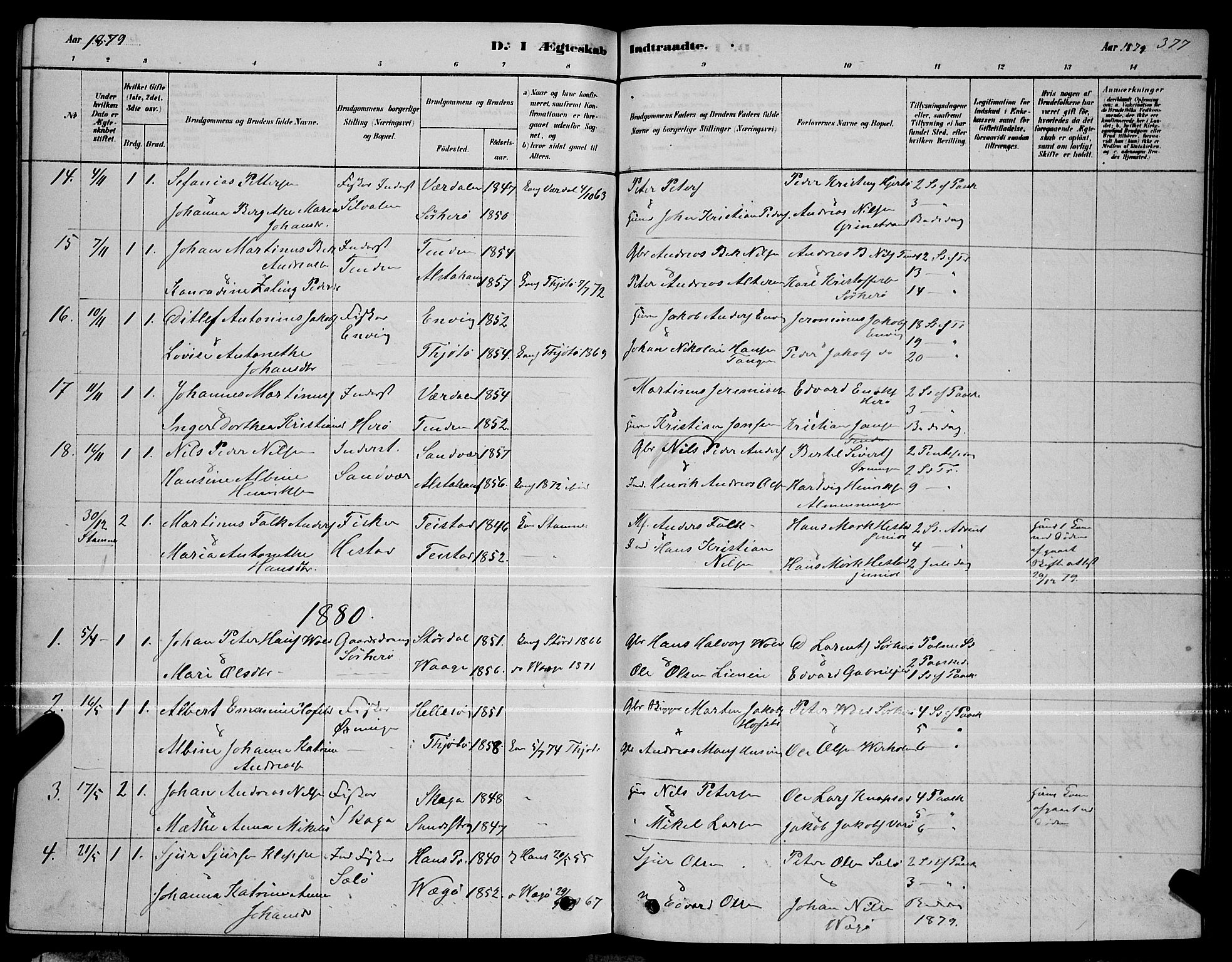 Ministerialprotokoller, klokkerbøker og fødselsregistre - Nordland, AV/SAT-A-1459/834/L0513: Parish register (copy) no. 834C04, 1877-1892, p. 377