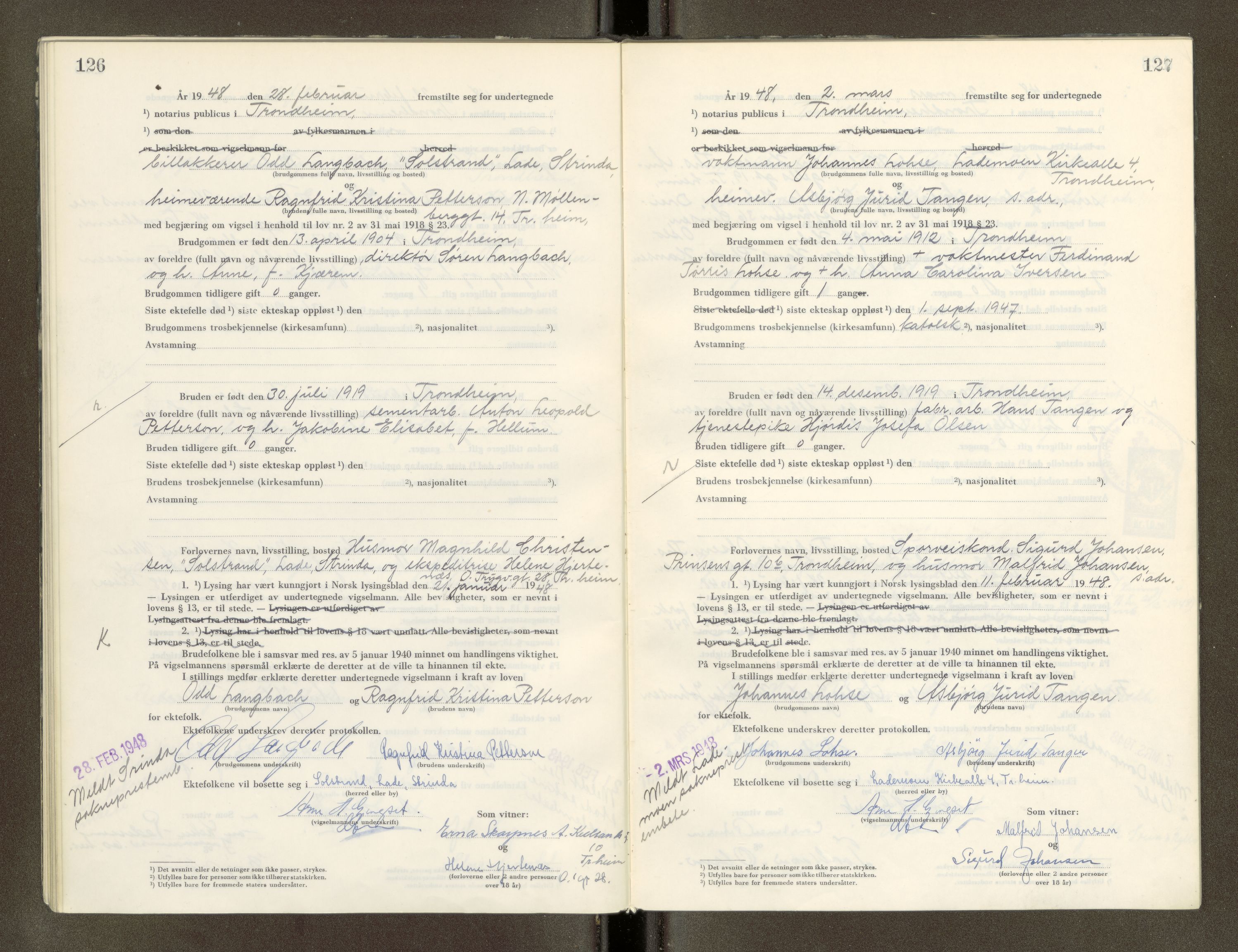 Trondheim byfogd, AV/SAT-A-0003/1/6/6D/L0005: Vigselbøker, 1944-1948, p. 126-127