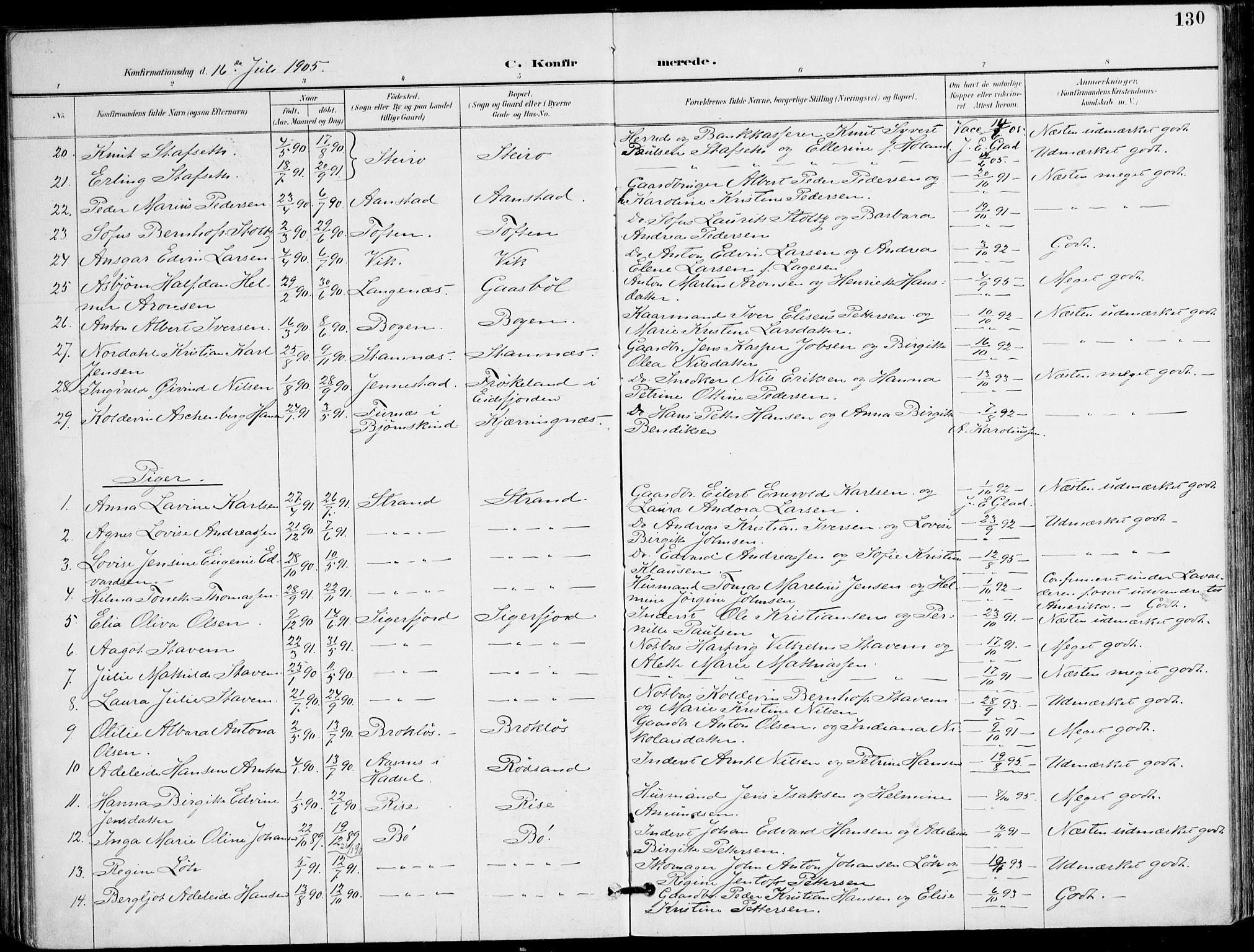 Ministerialprotokoller, klokkerbøker og fødselsregistre - Nordland, AV/SAT-A-1459/895/L1372: Parish register (official) no. 895A07, 1894-1914, p. 130