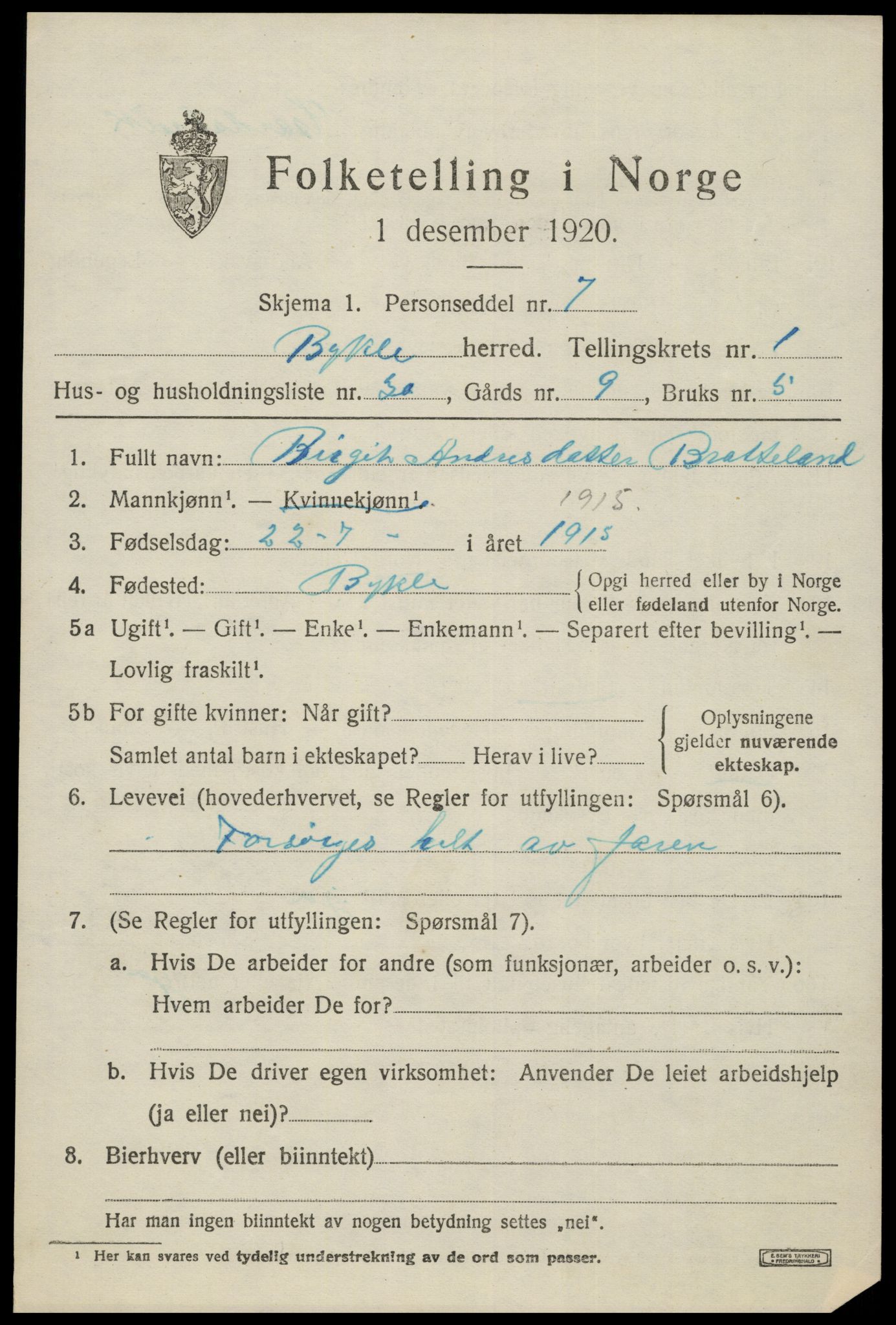 SAK, 1920 census for Bykle, 1920, p. 595