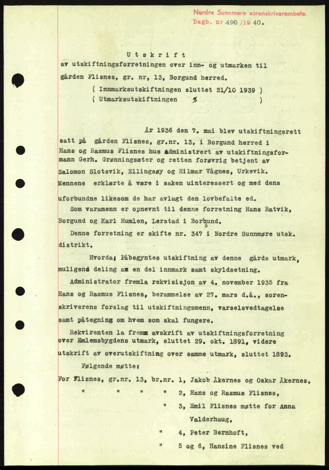 Nordre Sunnmøre sorenskriveri, AV/SAT-A-0006/1/2/2C/2Ca: Mortgage book no. A8, 1939-1940, Diary no: : 490/1940