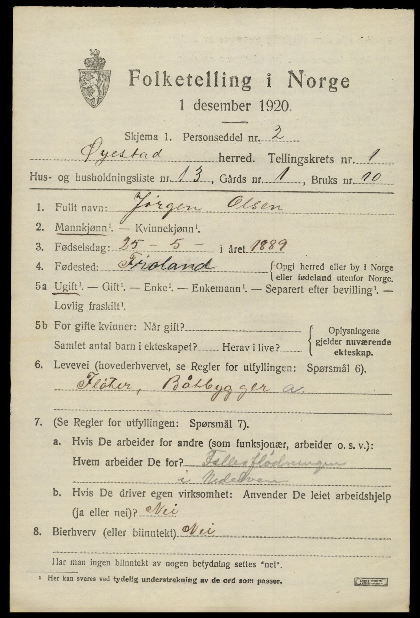 SAK, 1920 census for Øyestad, 1920, p. 1966