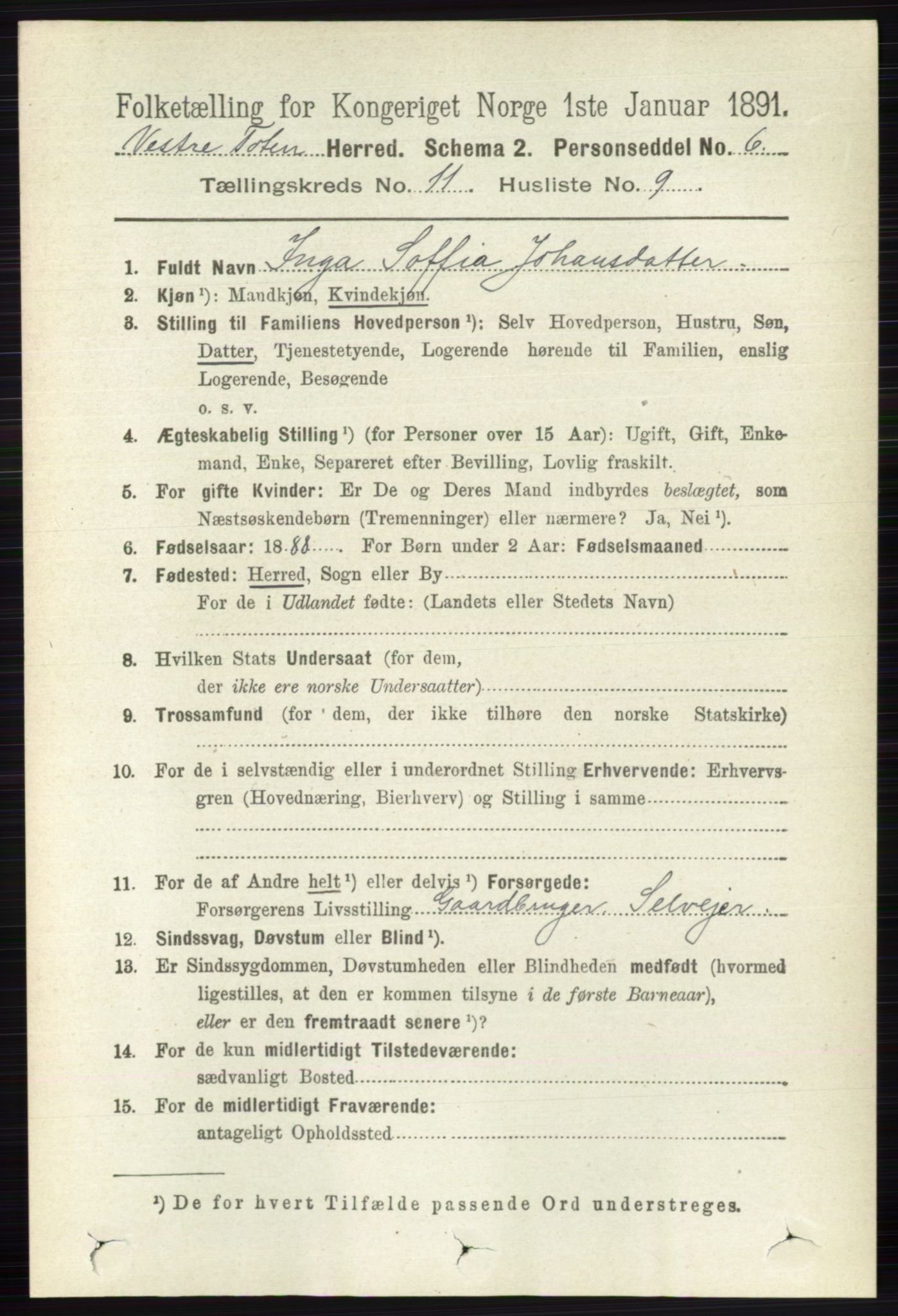 RA, 1891 census for 0529 Vestre Toten, 1891, p. 6750