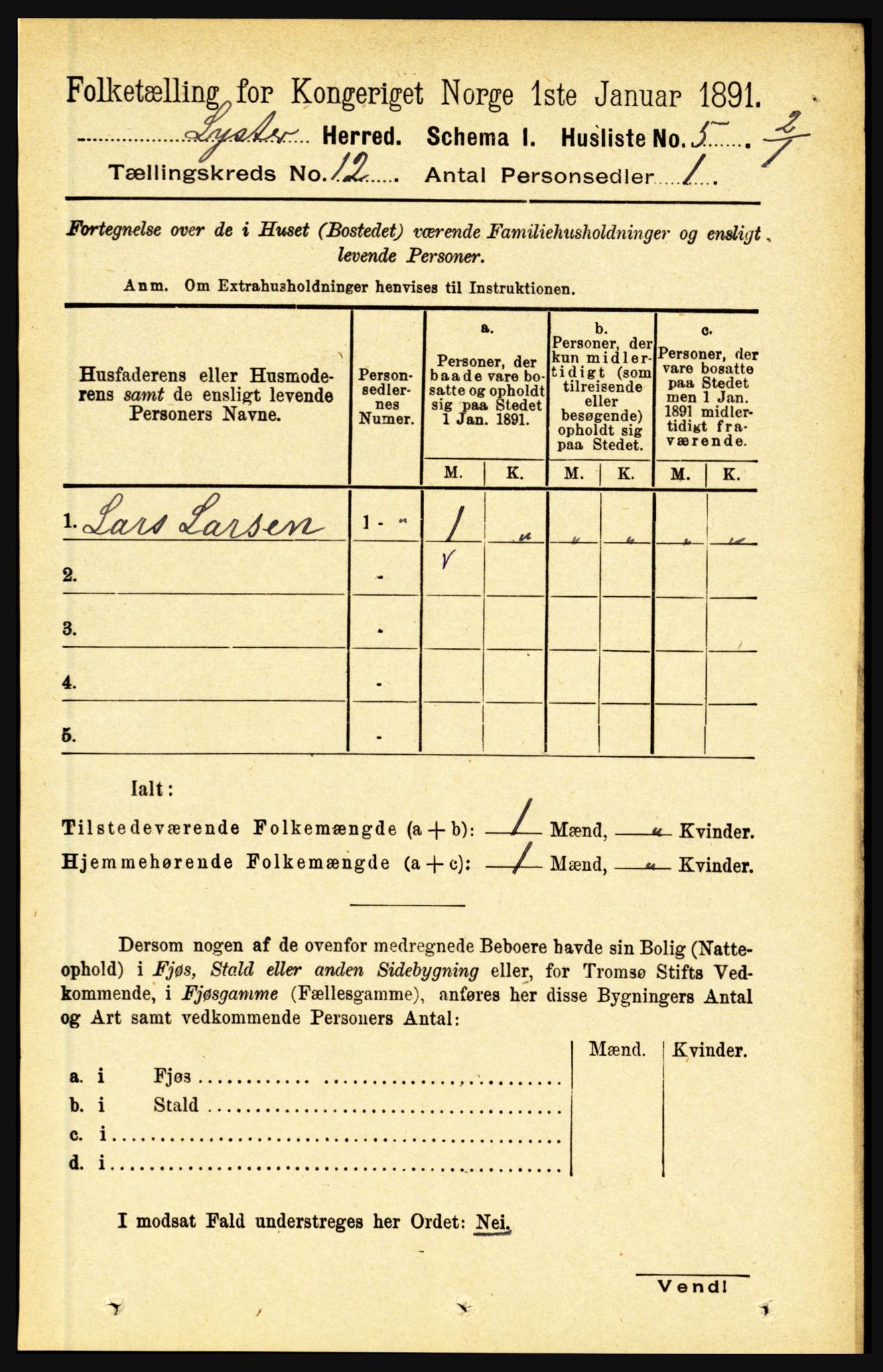 RA, 1891 census for 1426 Luster, 1891, p. 3707