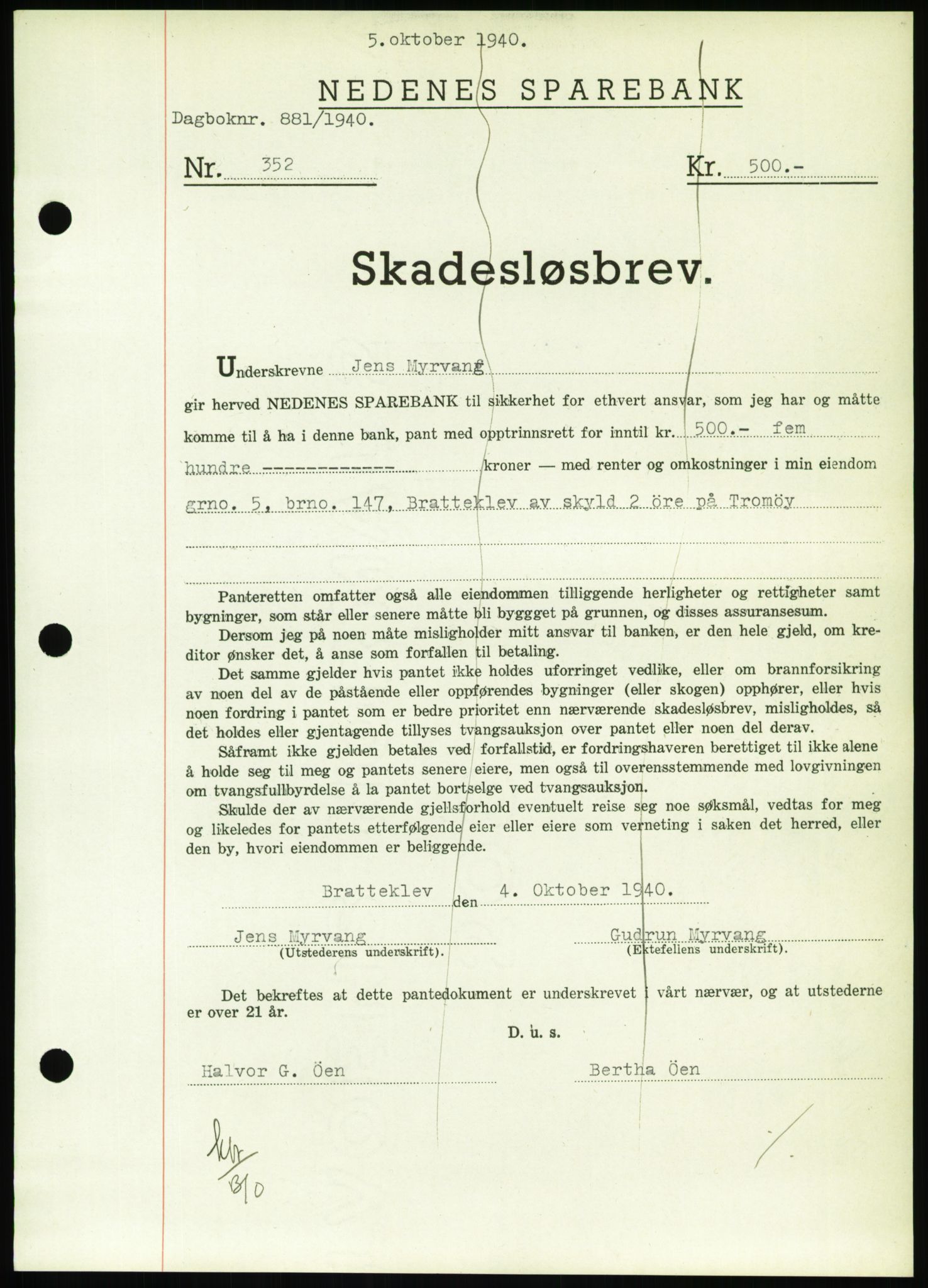 Nedenes sorenskriveri, SAK/1221-0006/G/Gb/Gbb/L0001: Mortgage book no. I, 1939-1942, Diary no: : 881/1940