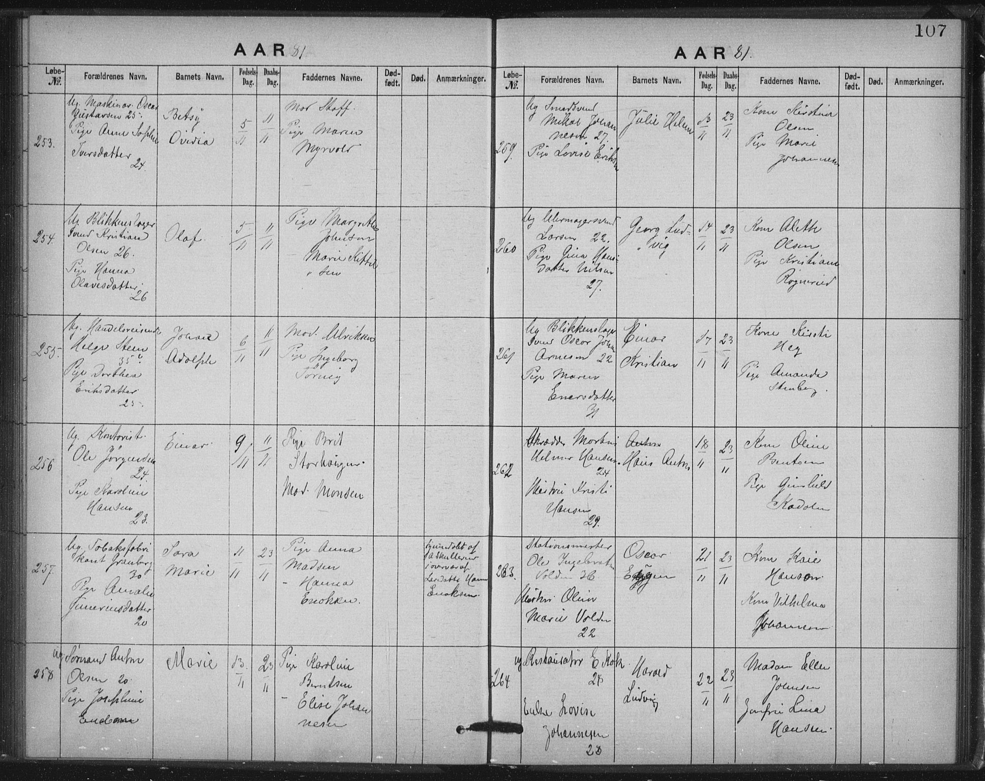Rikshospitalet prestekontor Kirkebøker, SAO/A-10309b/K/L0003/0001: Baptism register no. 3.1, 1877-1884, p. 107