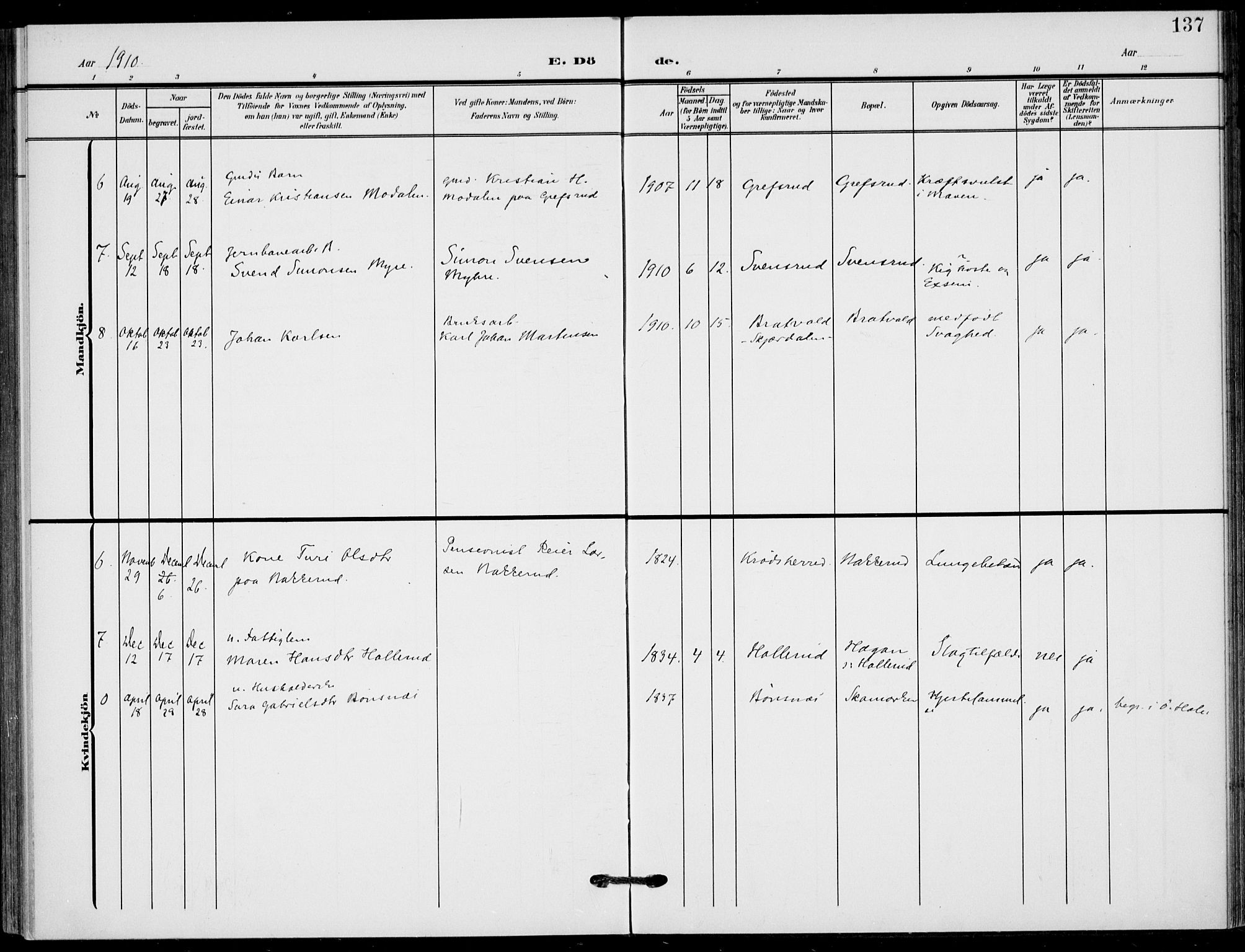 Hole kirkebøker, SAKO/A-228/F/Fb/L0003: Parish register (official) no. II 3, 1906-1916, p. 137