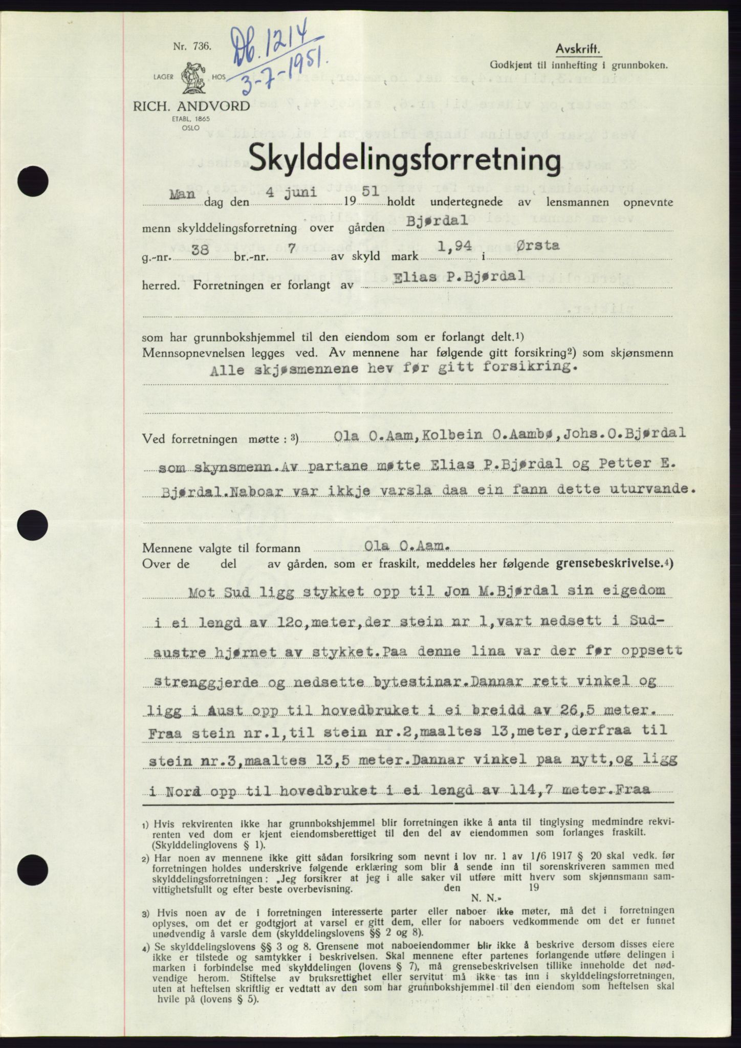 Søre Sunnmøre sorenskriveri, AV/SAT-A-4122/1/2/2C/L0089: Mortgage book no. 15A, 1951-1951, Diary no: : 1214/1951