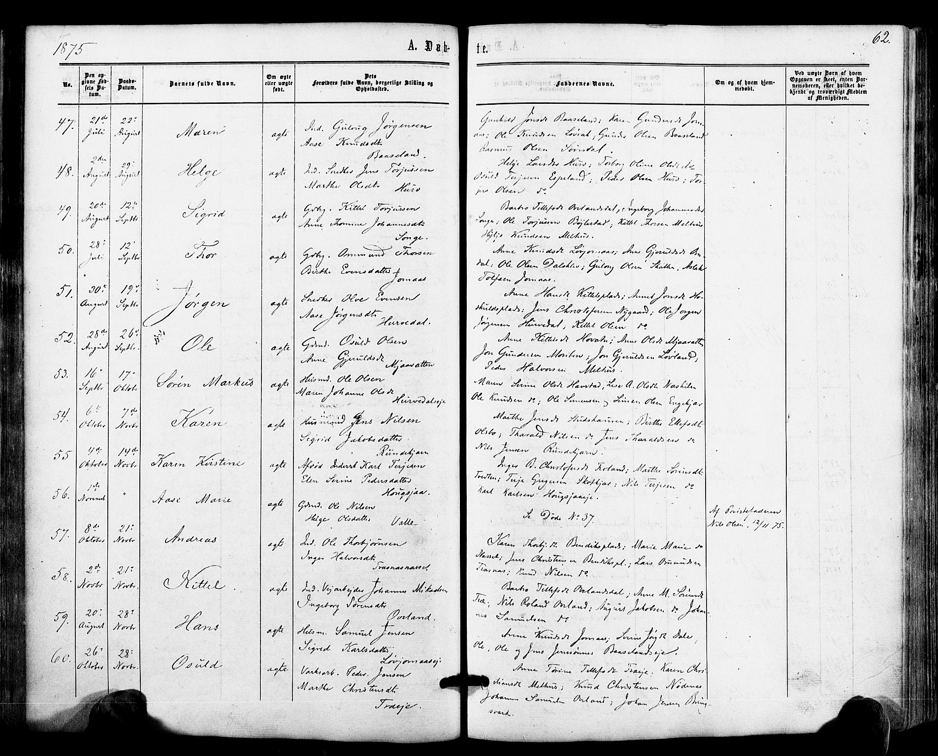 Froland sokneprestkontor, SAK/1111-0013/F/Fa/L0003: Parish register (official) no. A 3, 1864-1881, p. 62