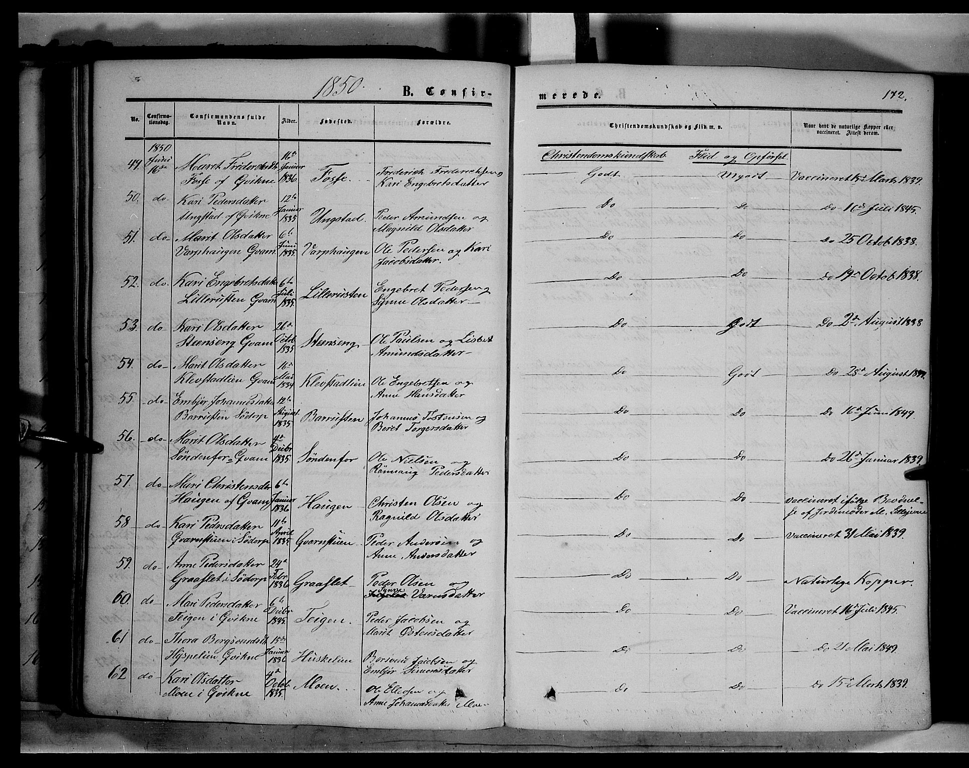 Sør-Fron prestekontor, AV/SAH-PREST-010/H/Ha/Haa/L0001: Parish register (official) no. 1, 1849-1863, p. 172