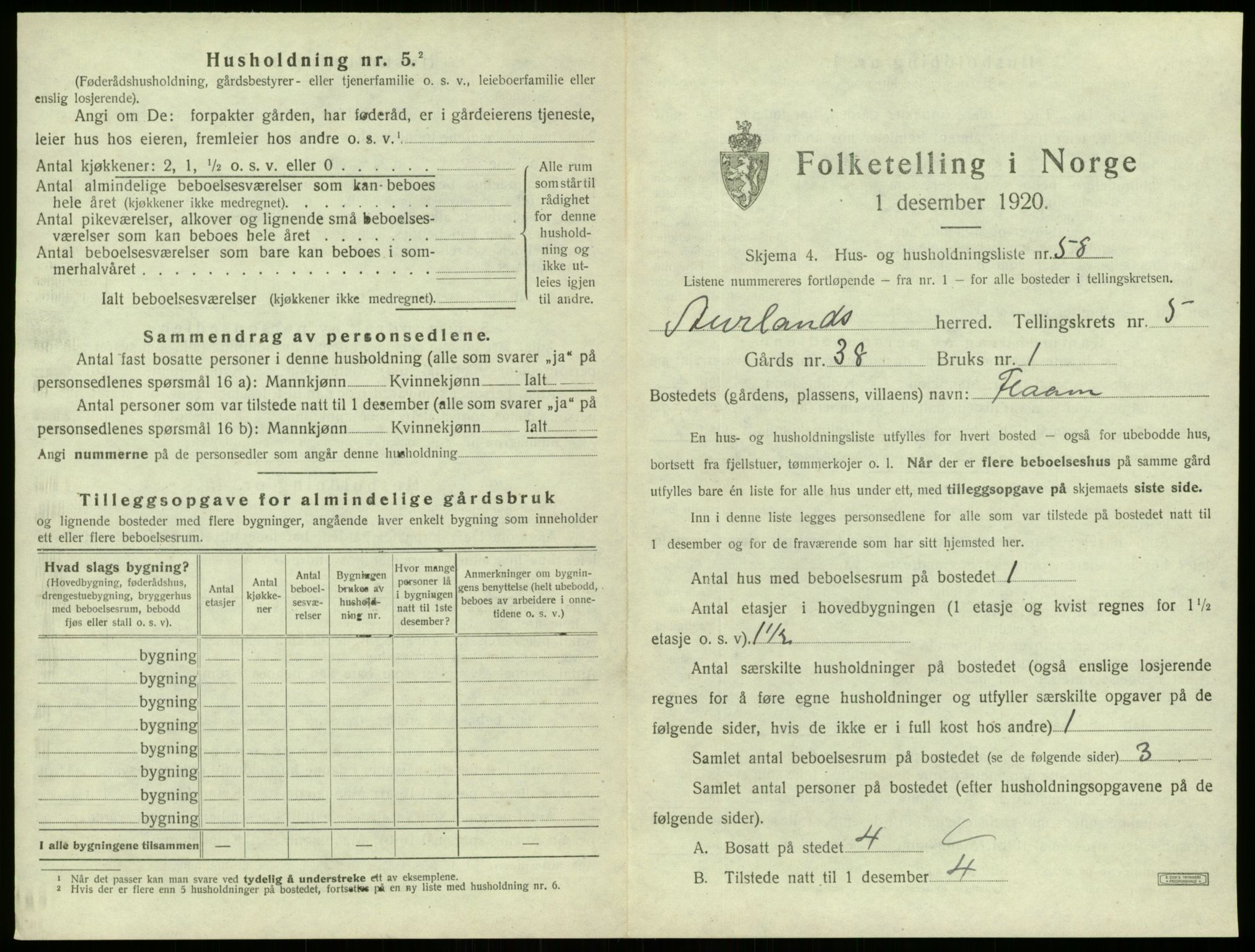 SAB, 1920 census for Aurland, 1920, p. 517