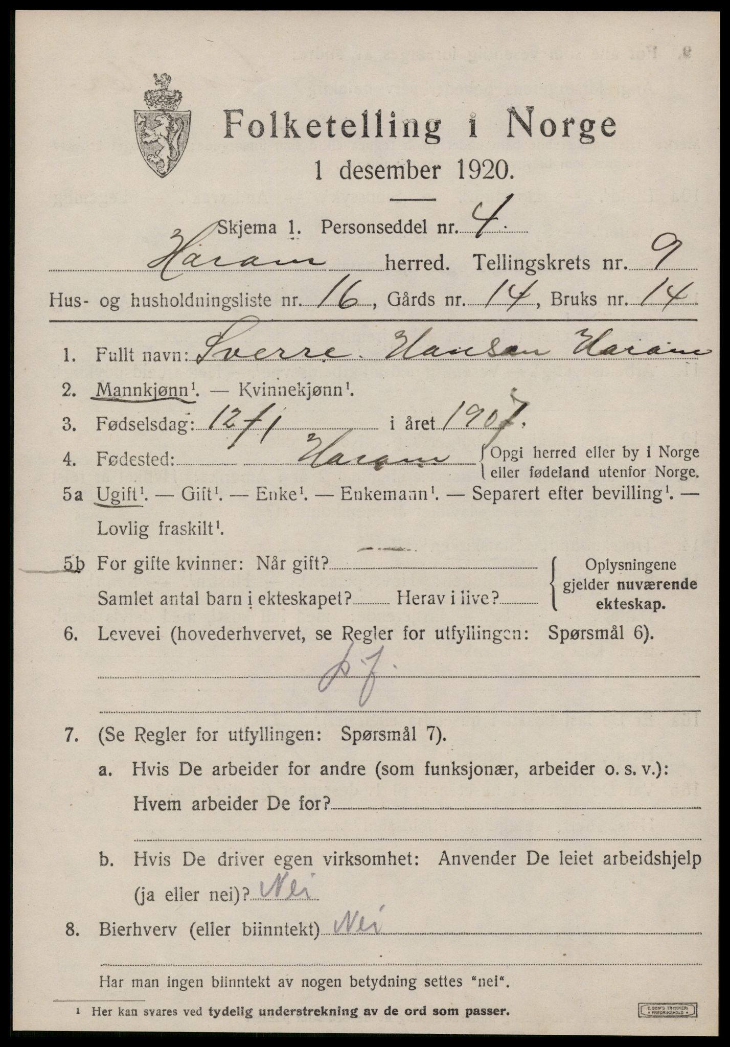 SAT, 1920 census for Haram, 1920, p. 5291