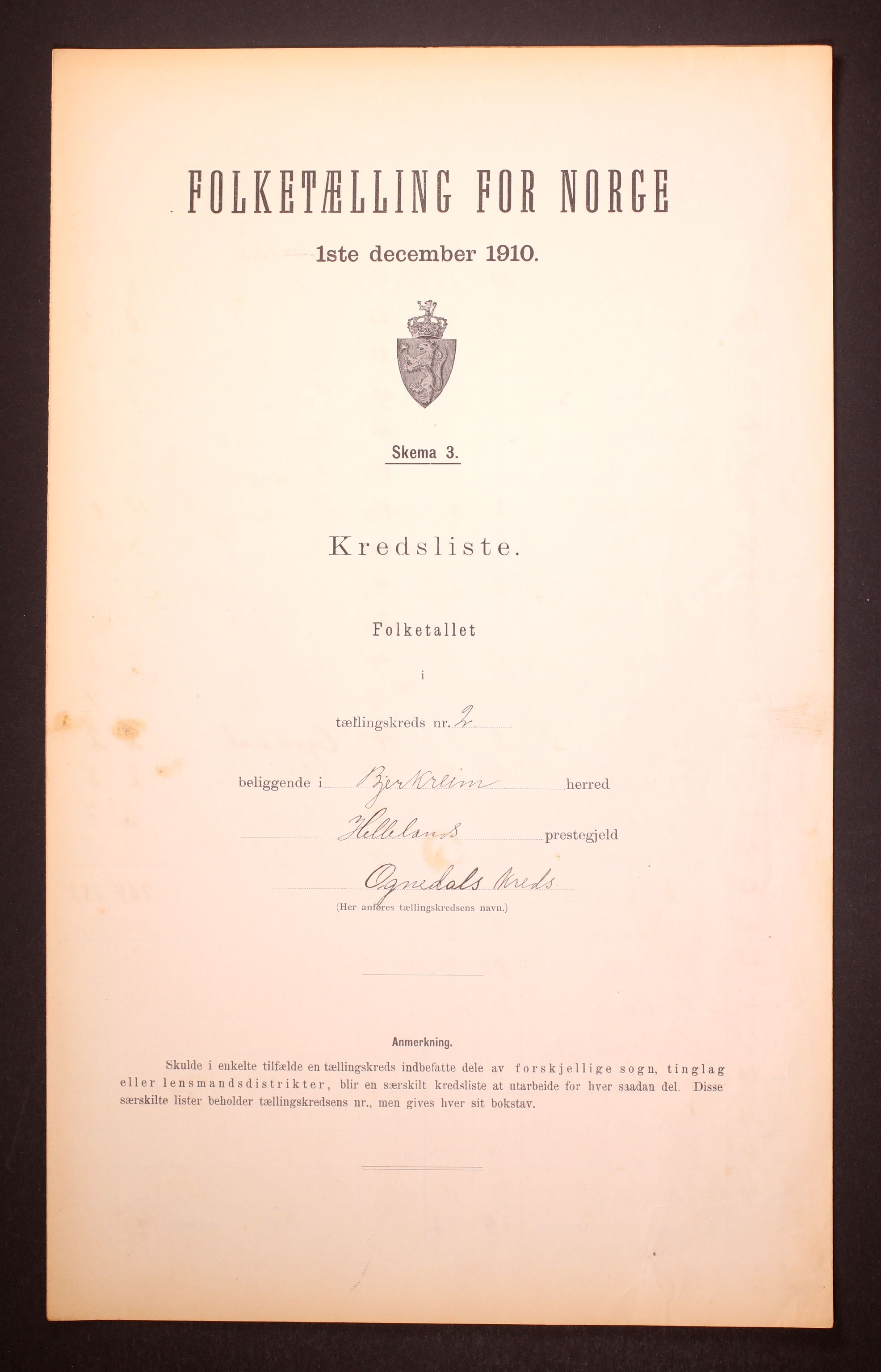 RA, 1910 census for Bjerkreim, 1910, p. 6