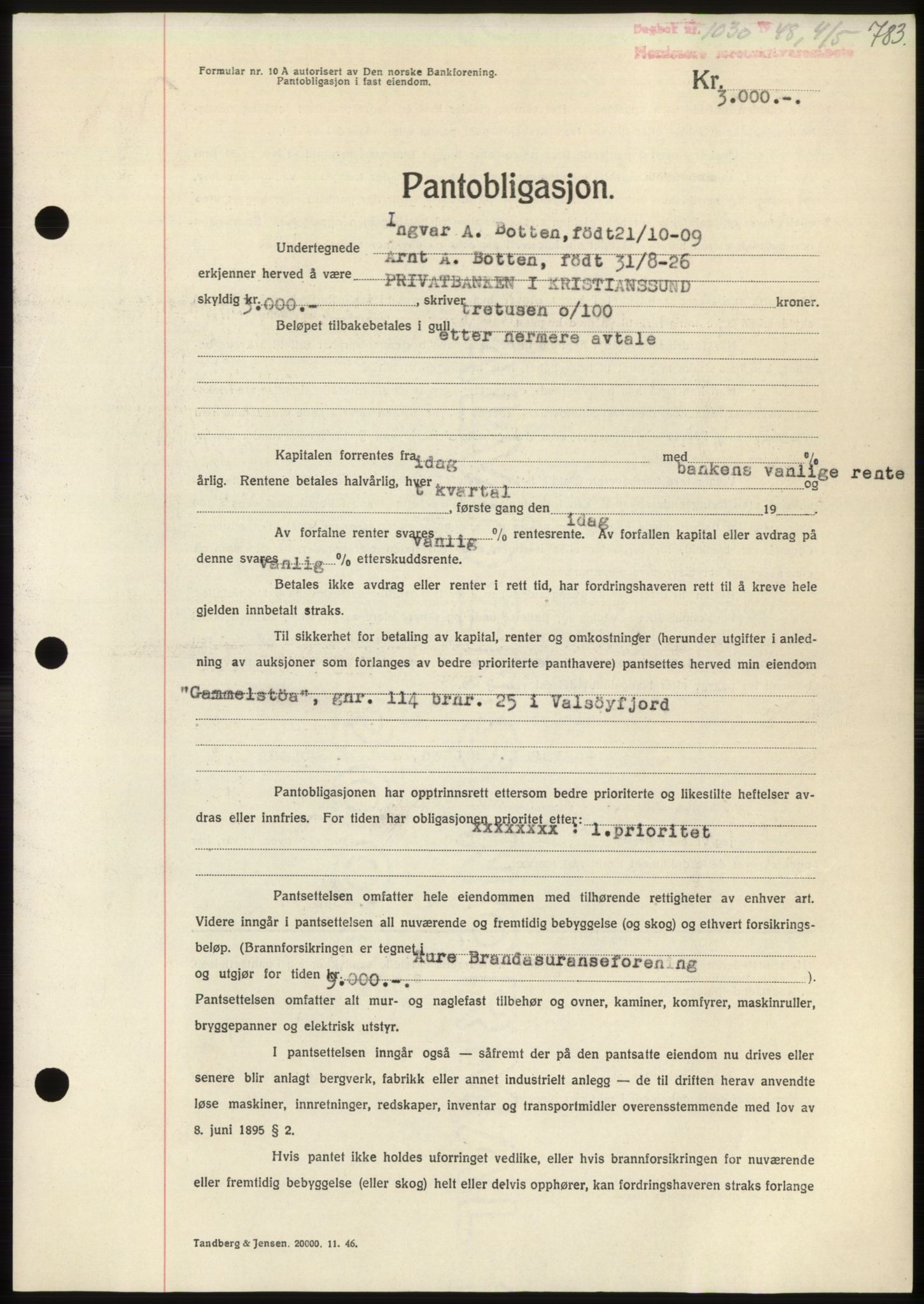 Nordmøre sorenskriveri, AV/SAT-A-4132/1/2/2Ca: Mortgage book no. B98, 1948-1948, Diary no: : 1030/1948