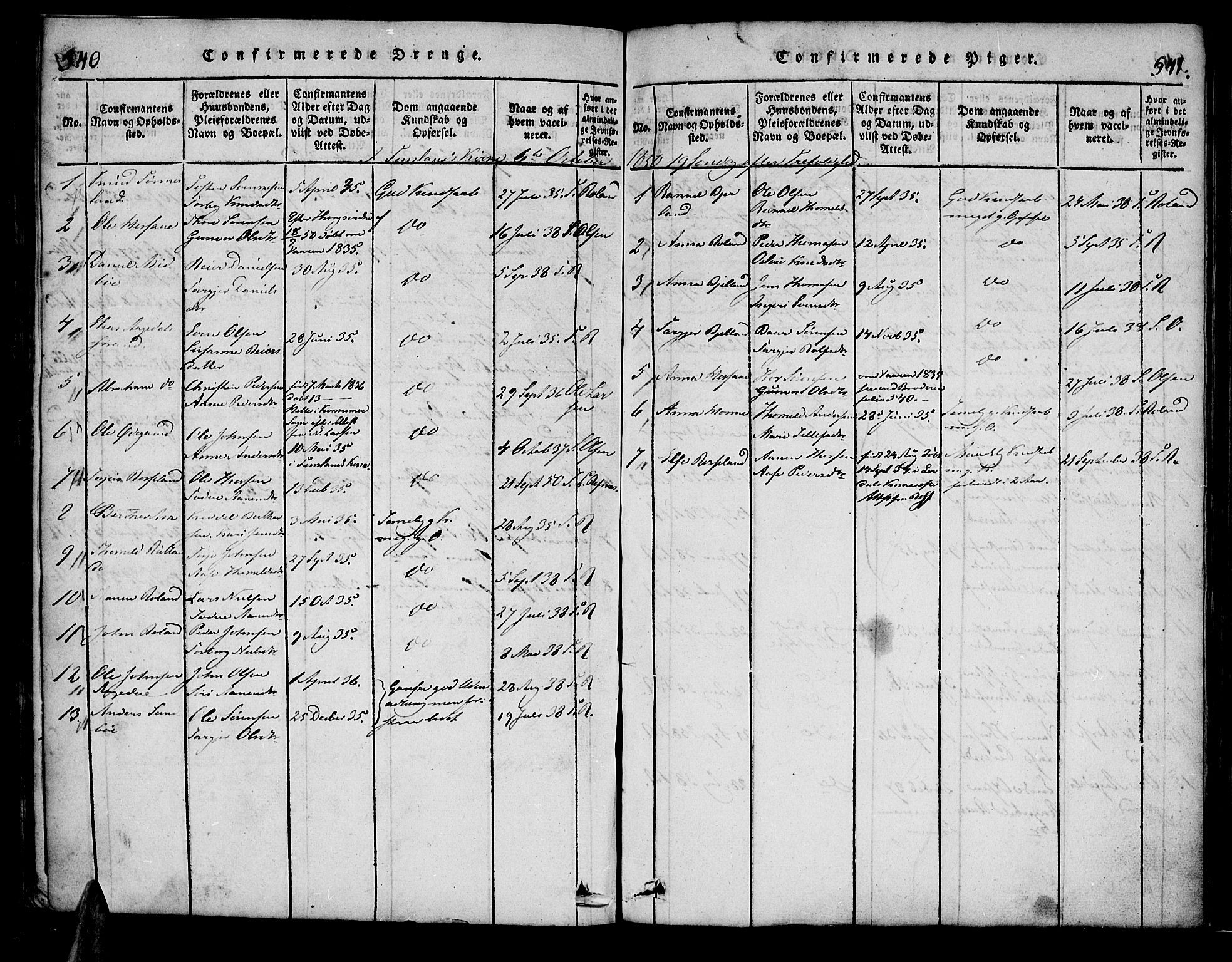 Bjelland sokneprestkontor, SAK/1111-0005/F/Fa/Faa/L0002: Parish register (official) no. A 2, 1816-1866, p. 540-541