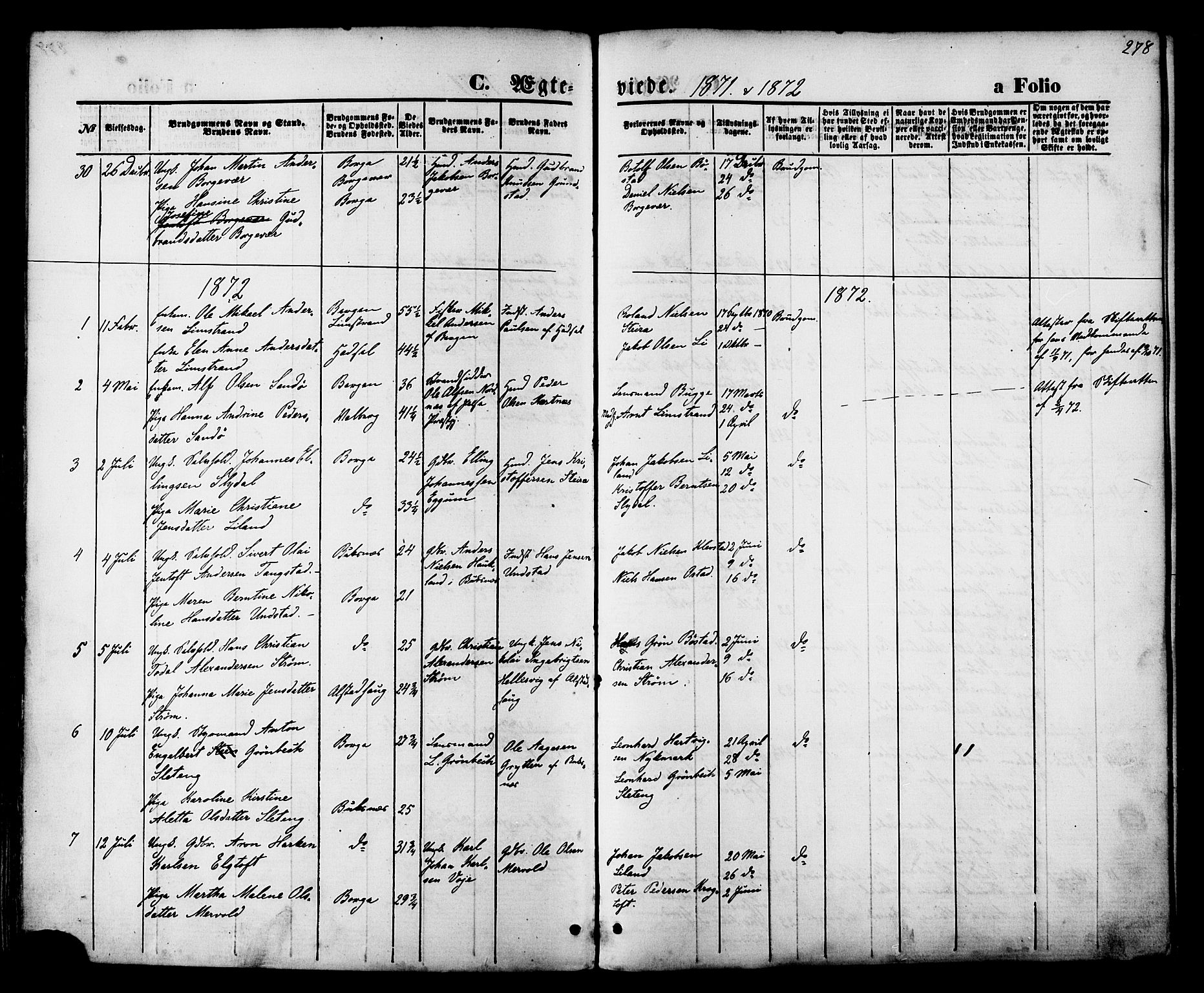 Ministerialprotokoller, klokkerbøker og fødselsregistre - Nordland, SAT/A-1459/880/L1132: Parish register (official) no. 880A06, 1869-1887, p. 278