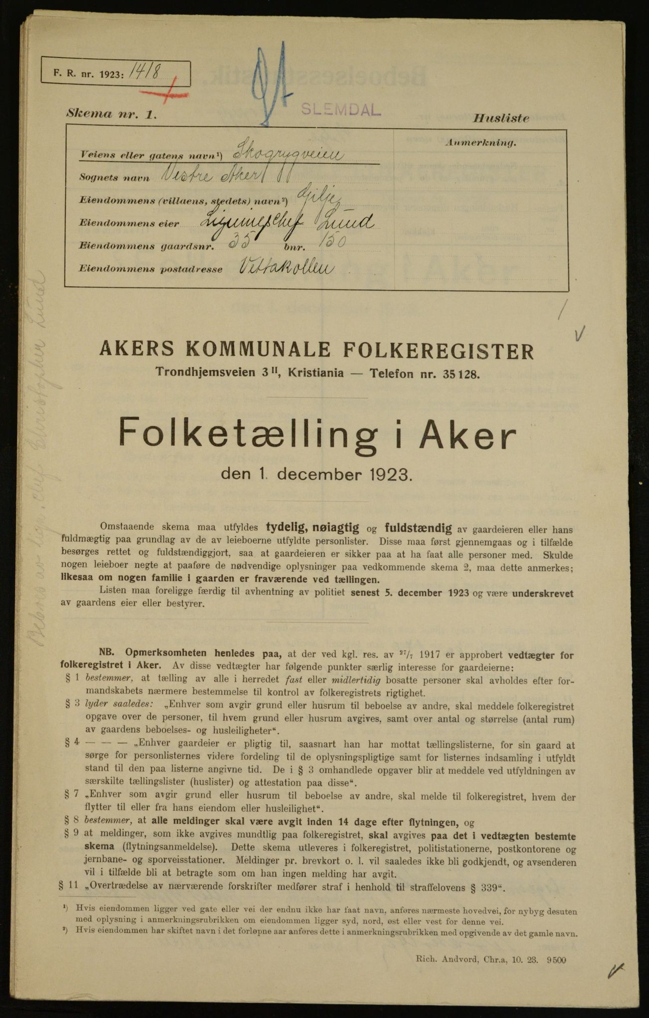 , Municipal Census 1923 for Aker, 1923, p. 16781