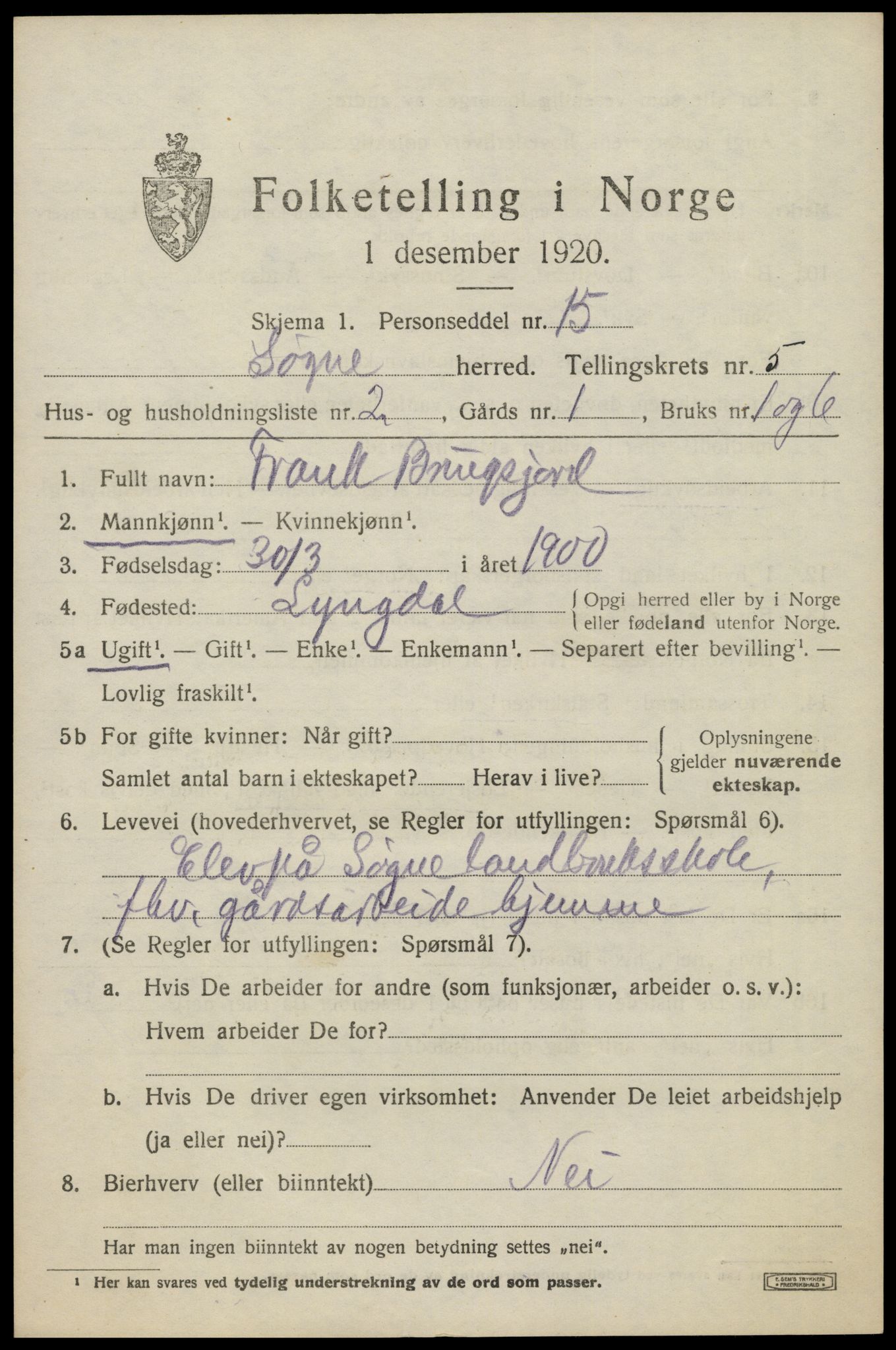 SAK, 1920 census for Søgne, 1920, p. 2209