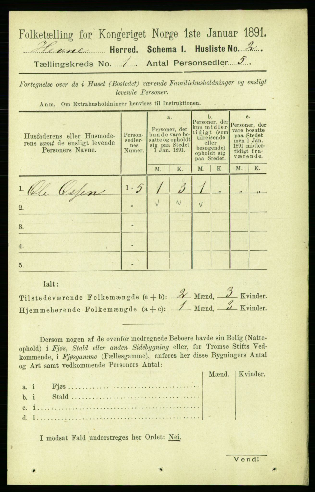 RA, 1891 census for 1612 Hemne, 1891, p. 38