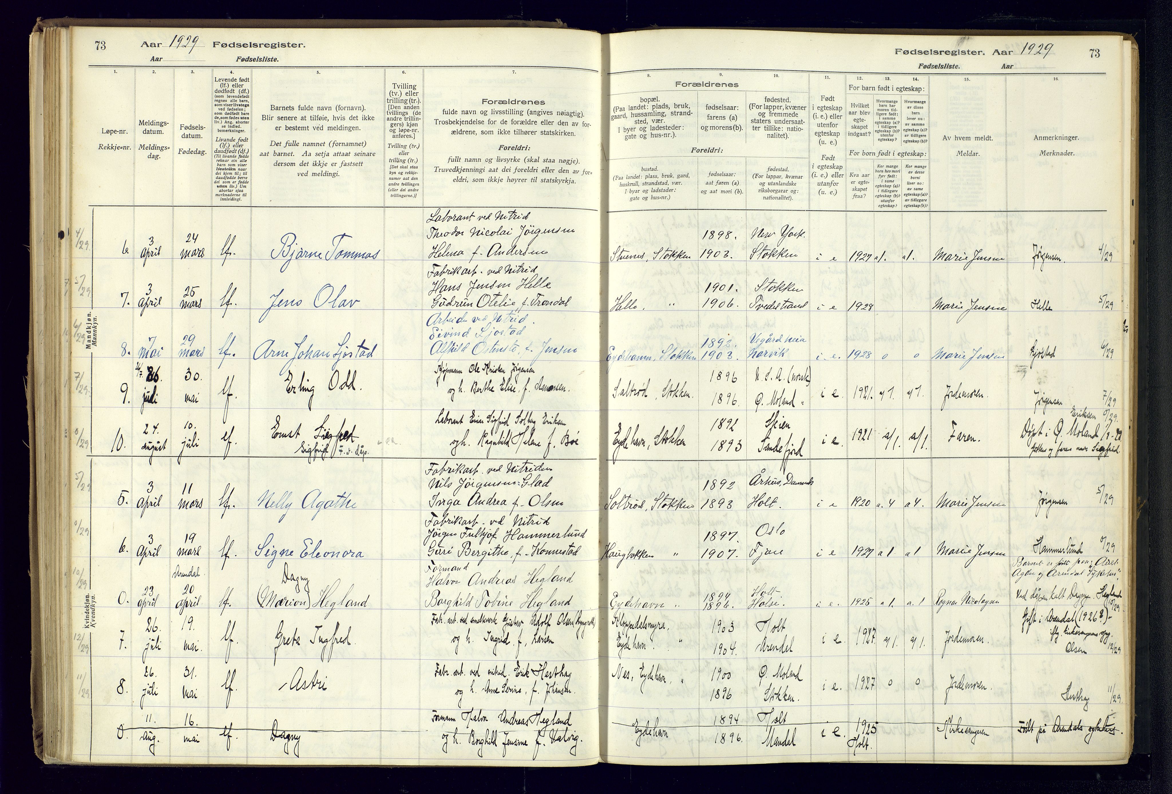 Austre Moland sokneprestkontor, SAK/1111-0001/J/Ja/L0003: Birth register no. A-VI-27, 1916-1950, p. 73