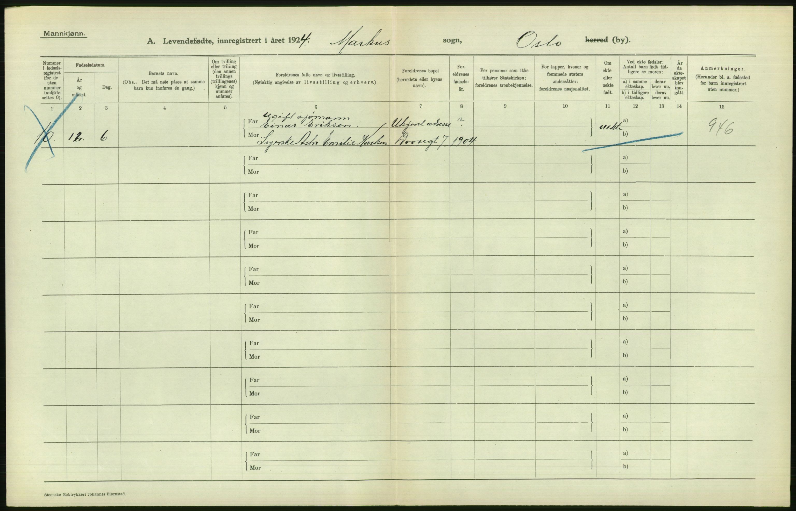 Statistisk sentralbyrå, Sosiodemografiske emner, Befolkning, AV/RA-S-2228/D/Df/Dfc/Dfcd/L0005: Kristiania: Levendefødte menn., 1924, p. 528