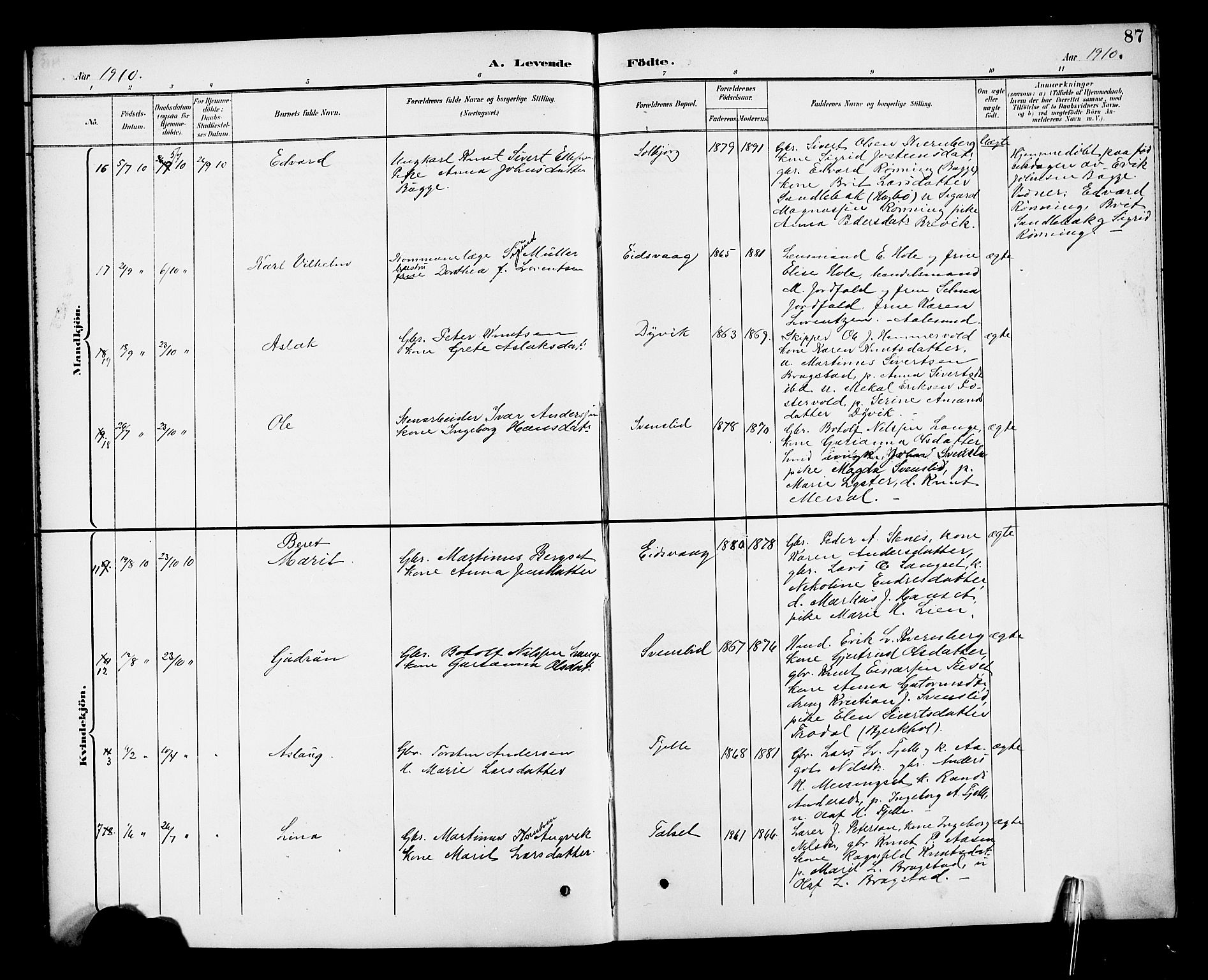 Ministerialprotokoller, klokkerbøker og fødselsregistre - Møre og Romsdal, AV/SAT-A-1454/551/L0632: Parish register (copy) no. 551C04, 1894-1920, p. 87