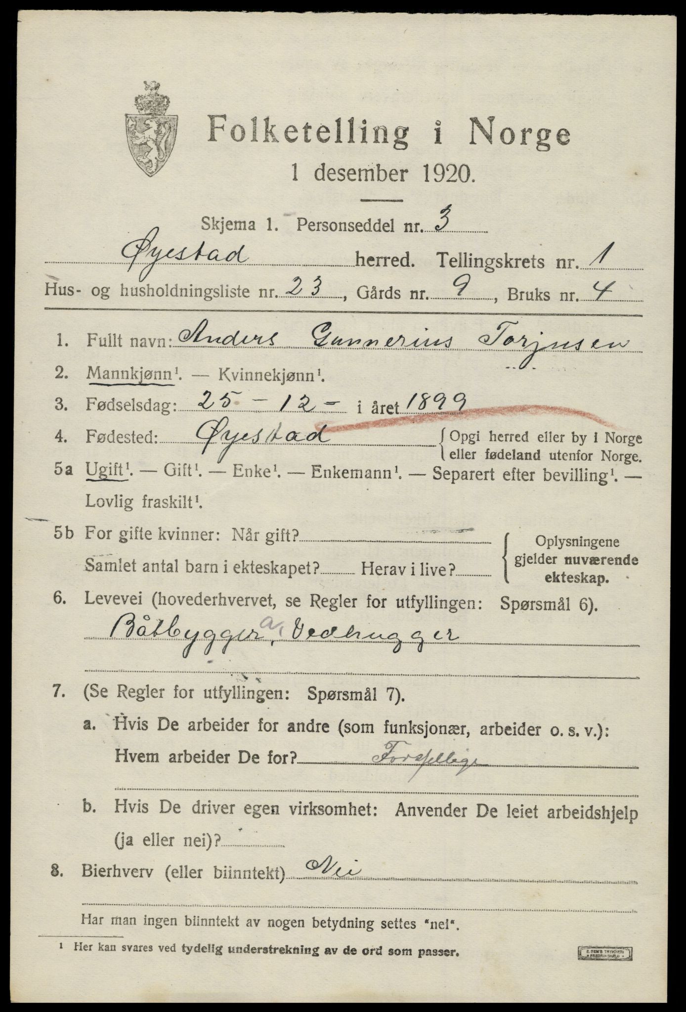 SAK, 1920 census for Øyestad, 1920, p. 2072