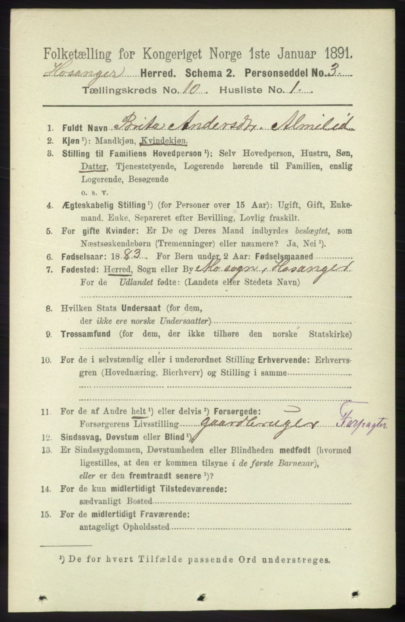 RA, 1891 census for 1253 Hosanger, 1891, p. 3460