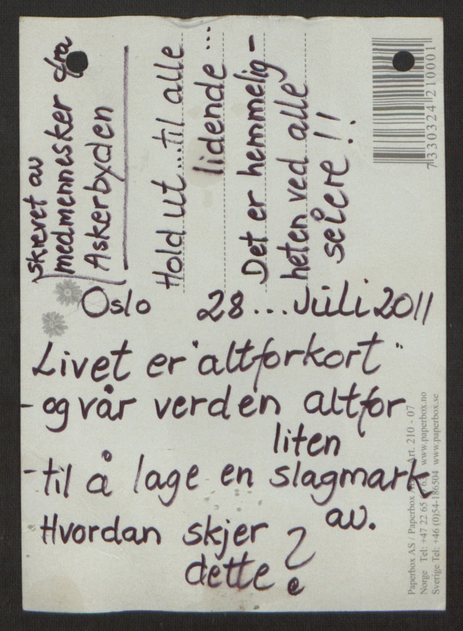 Minnemateriale etter 22.07.2011, RA/S-6313/00/A/L0001: Minnemateriale utvalgt for publisering i forbindelse med ettårsmarkeringen, 2011, p. 1126