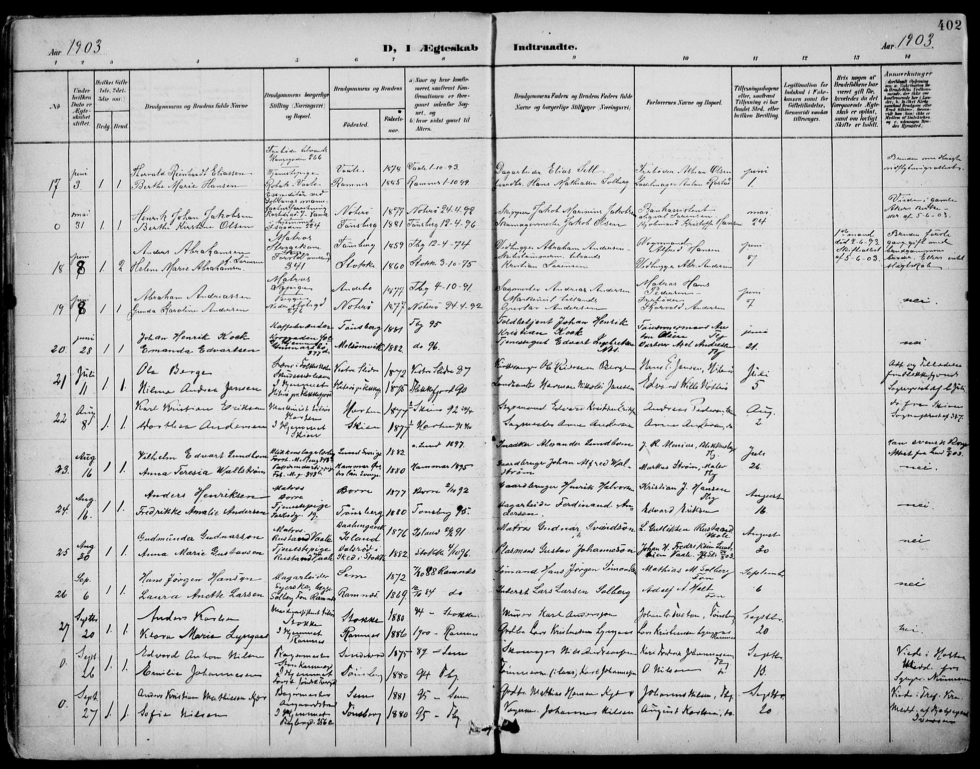 Tønsberg kirkebøker, AV/SAKO-A-330/F/Fa/L0013: Parish register (official) no. I 13, 1900-1913, p. 402