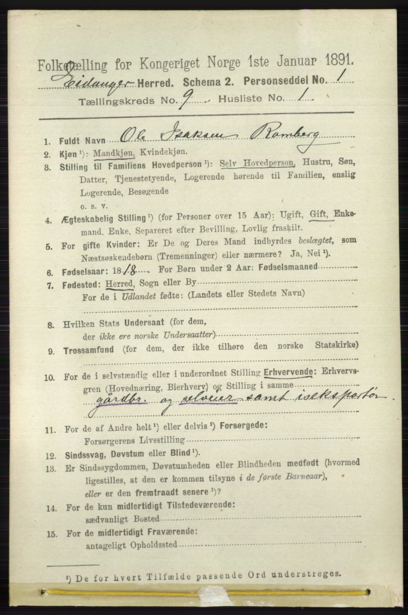 RA, 1891 census for 0813 Eidanger, 1891, p. 3615