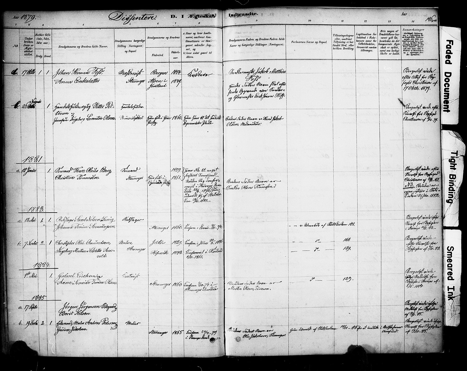 Domkirken sokneprestkontor, SAST/A-101812/001/30/30BA/L0029: Parish register (official) no. A 28, 1878-1904, p. 186a