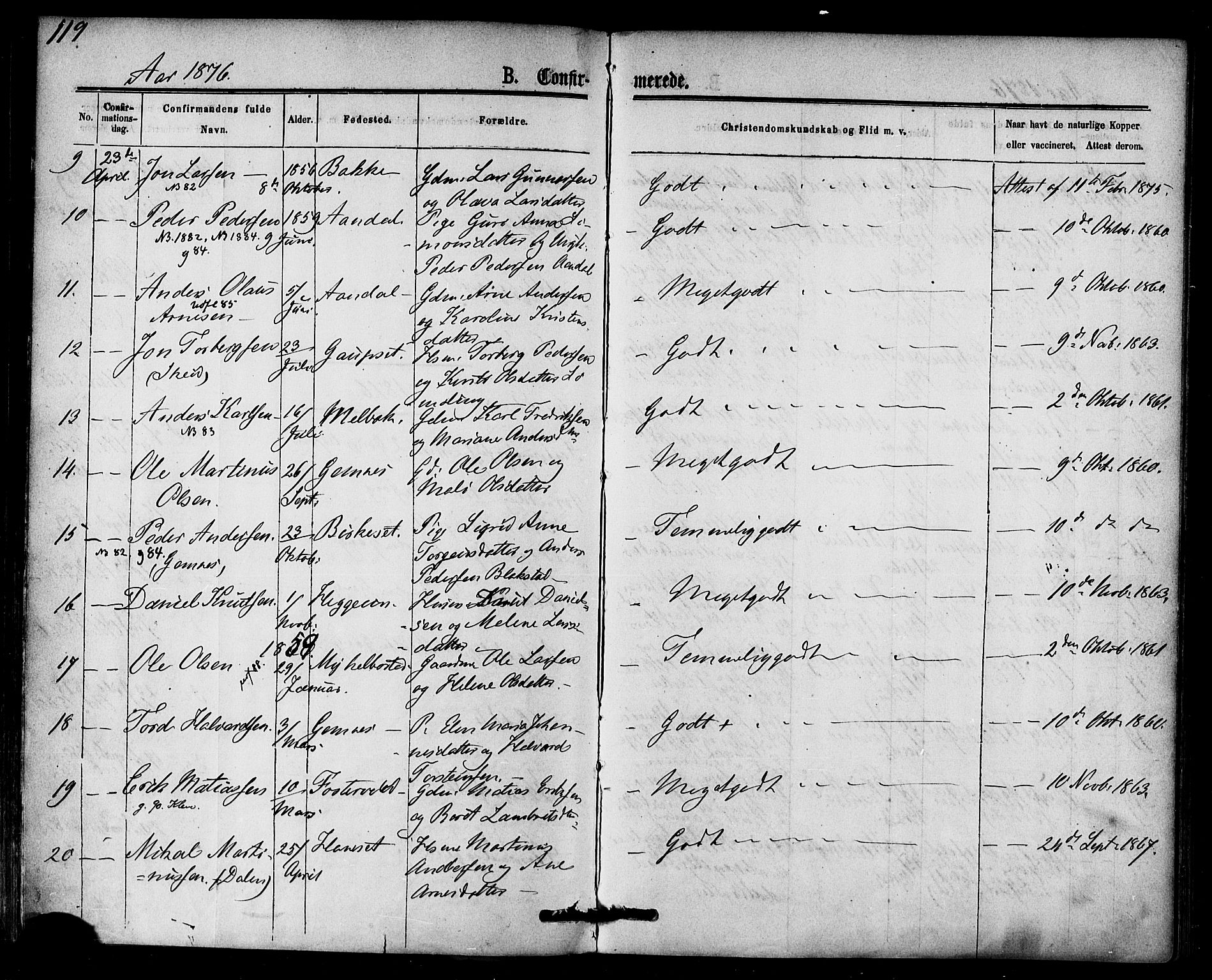 Ministerialprotokoller, klokkerbøker og fødselsregistre - Møre og Romsdal, AV/SAT-A-1454/584/L0966: Parish register (official) no. 584A06, 1869-1878, p. 119